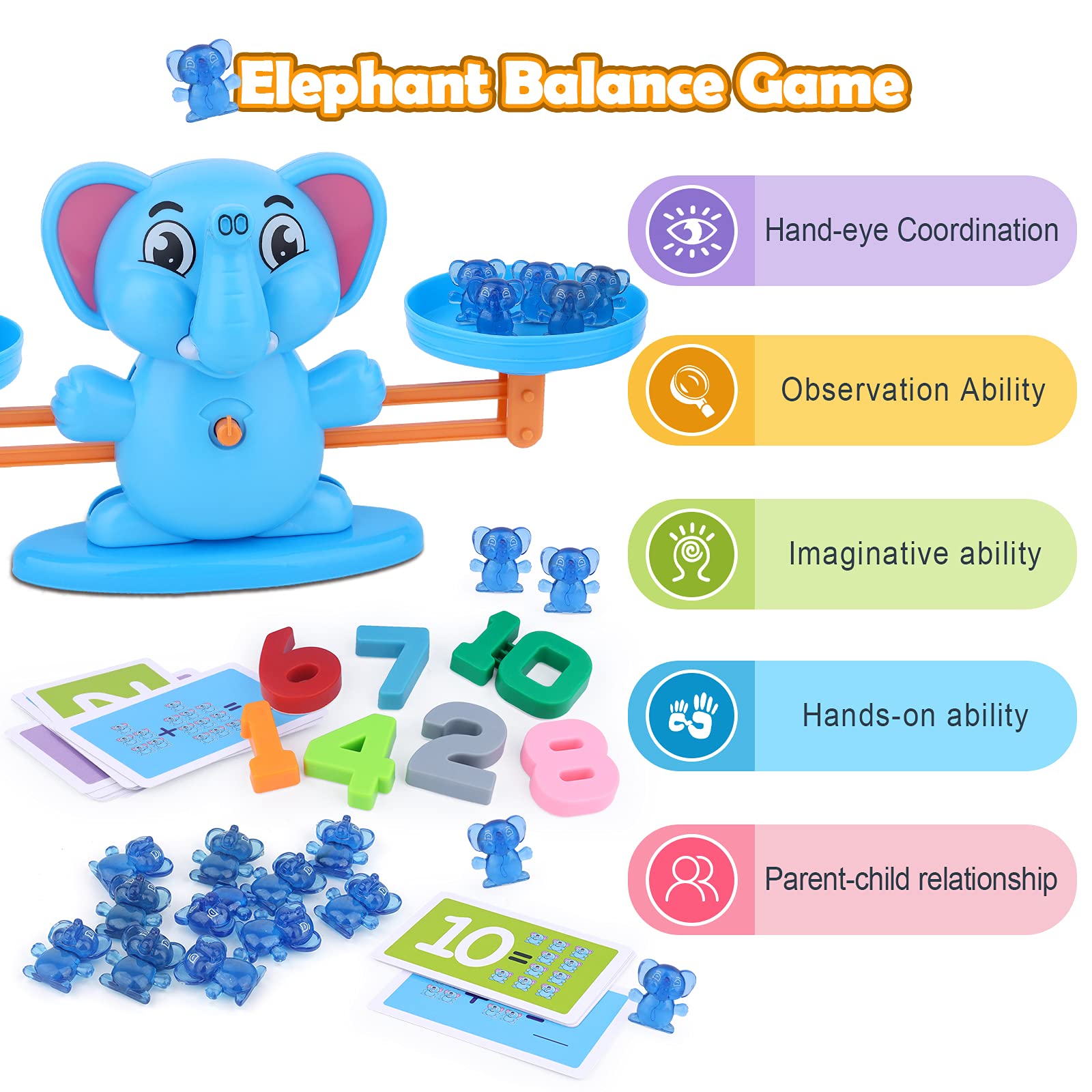 Juguete de equilibrio con forma de elefante, juego educativo con números matemáticos, juguete de aprendizaje con pequeños elefantes, números, adecuado para niños y niñas a partir de 3 años
