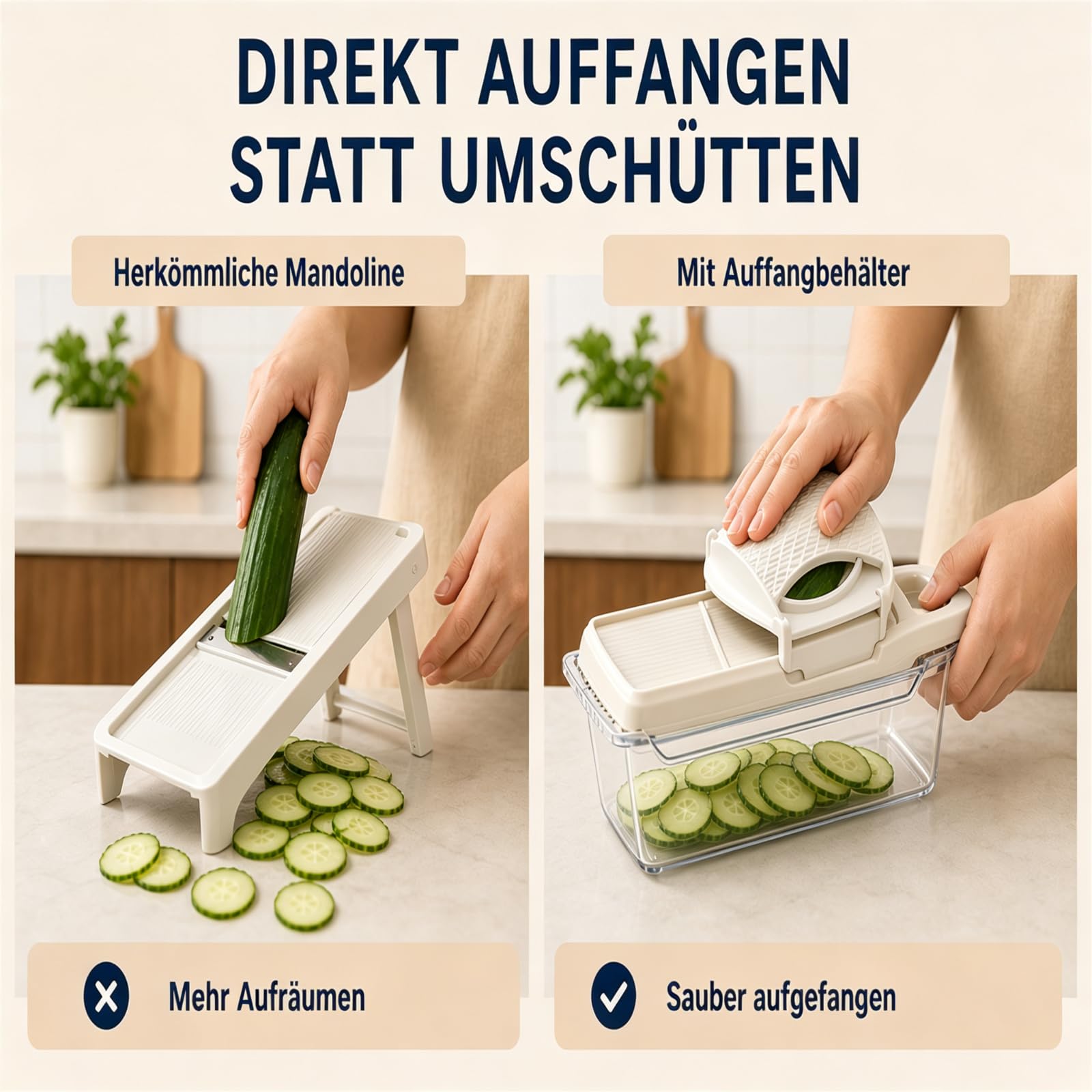 Mandoline Gemüsehobel mit Behälter, 4 Einsätze für Gemüse, Cremeweiß