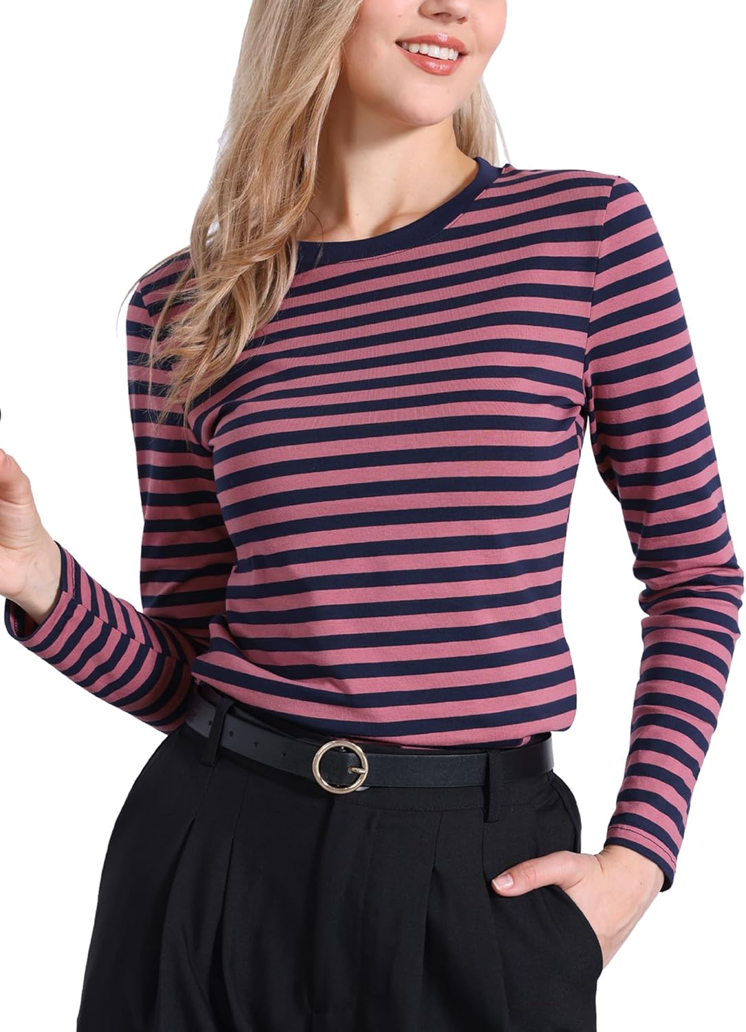 Allegra K Striped t Shirts for Women Long Sleeve Tops Crew Neck Fitted Tees Casual Trendy Outfits