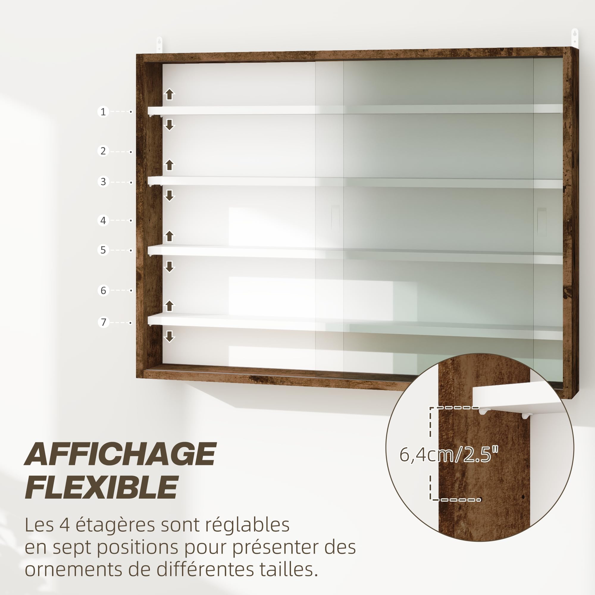 HOMCOM Vitrina para colección Armario de Pared 80 x 9,5 x 60 cm con 4 estantes Regulables en Altura y 2 Puertas correderas de Cristal, para Colecciones de Coches en Miniatura y figuritas, marrón