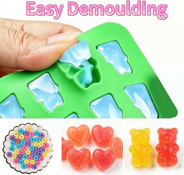 Lot de 5 Moule Silicone Bonbon et Chocolat avec 2 Pipettes et 1 Spatule, Forme Oursons et Fruits pour Gelée, Sans BPA, Anti-adhésif Bac à Glaçons, Accessoire Pâtisserie Cuisine Créative Maison - 4