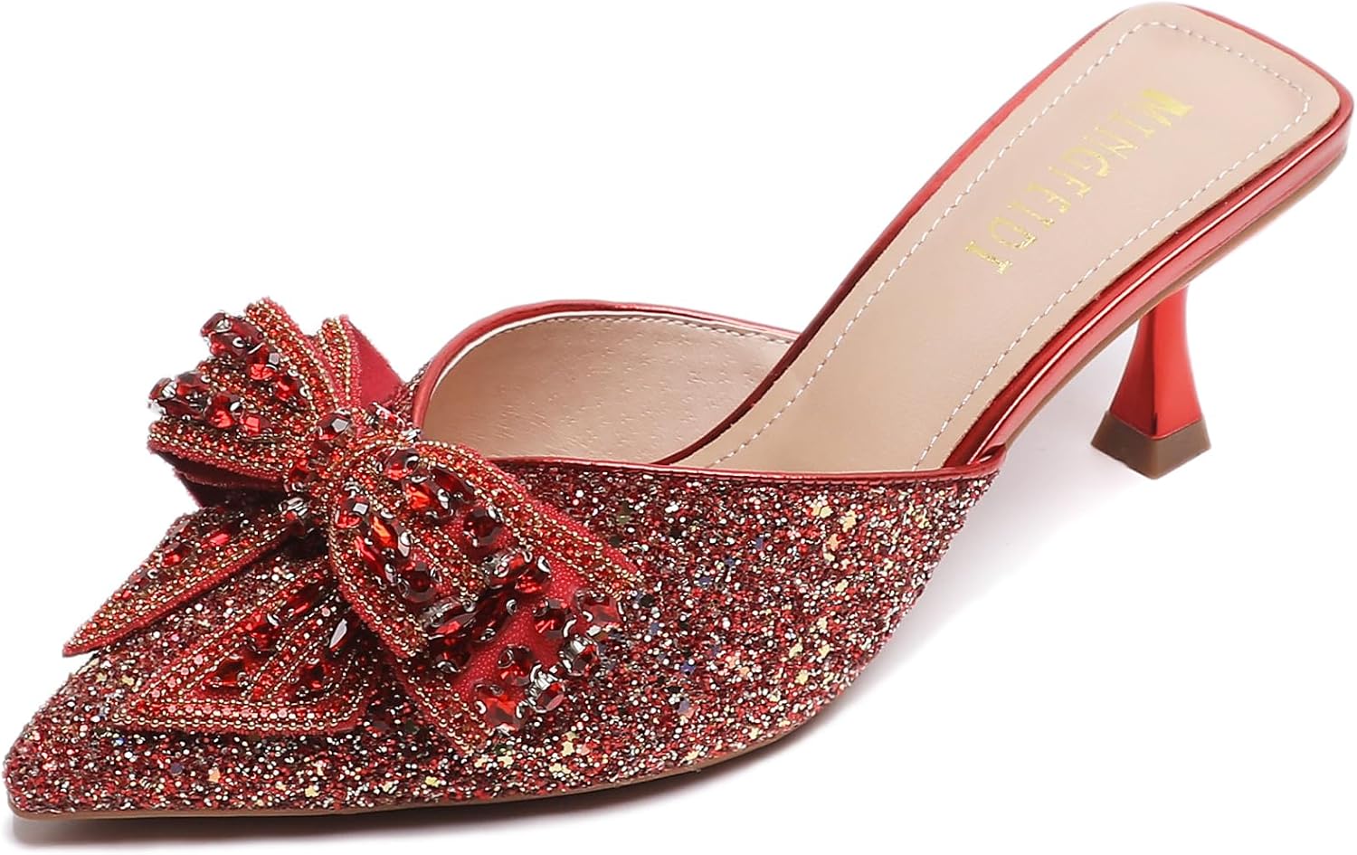 Women's Sparkling Rhinestone Bow Kitten Heel Mules Fashion Closed Pointed Toe Slip On low heel Backless slingback slides Sandals for Wedding Bridal Party Dress