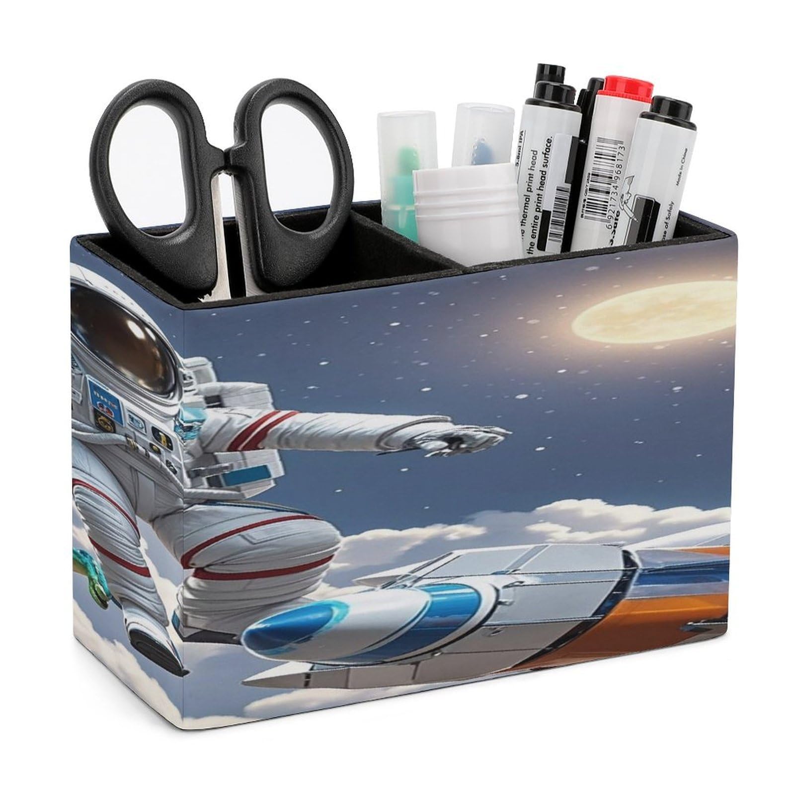 VstaDank Funny Astronaut Dinosaur Rocket Pencil Holder for Desk(Double Slots) Fashion Leather Pencil Cup Simple Rectangular Shape Pen Holder Multi-Functional Pen Cup for Home Office Supplies Storage