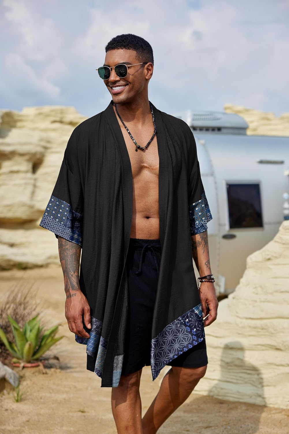 COOFANDY Men's Ruffle Shawl Collar Lightweight Cardigan Long Kimono Jackets Open Front Drape Cape Coat - Image 3