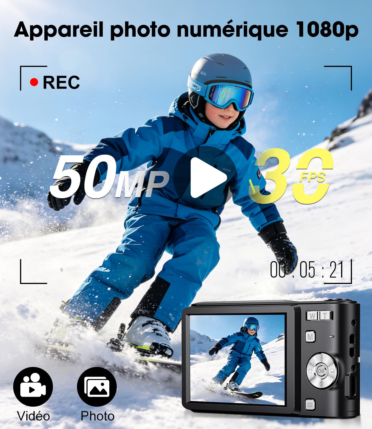 Appareil Photo Numérique 50MP 1080P, Compact Appareil Photo avec Carte 16Go, Écran 2,4”, Zoom Numérique 16X, Mini Camera Vlog pour Enfants, Adolescents, Étudiants, Cadeau d'anniversaire Vacances-Noir