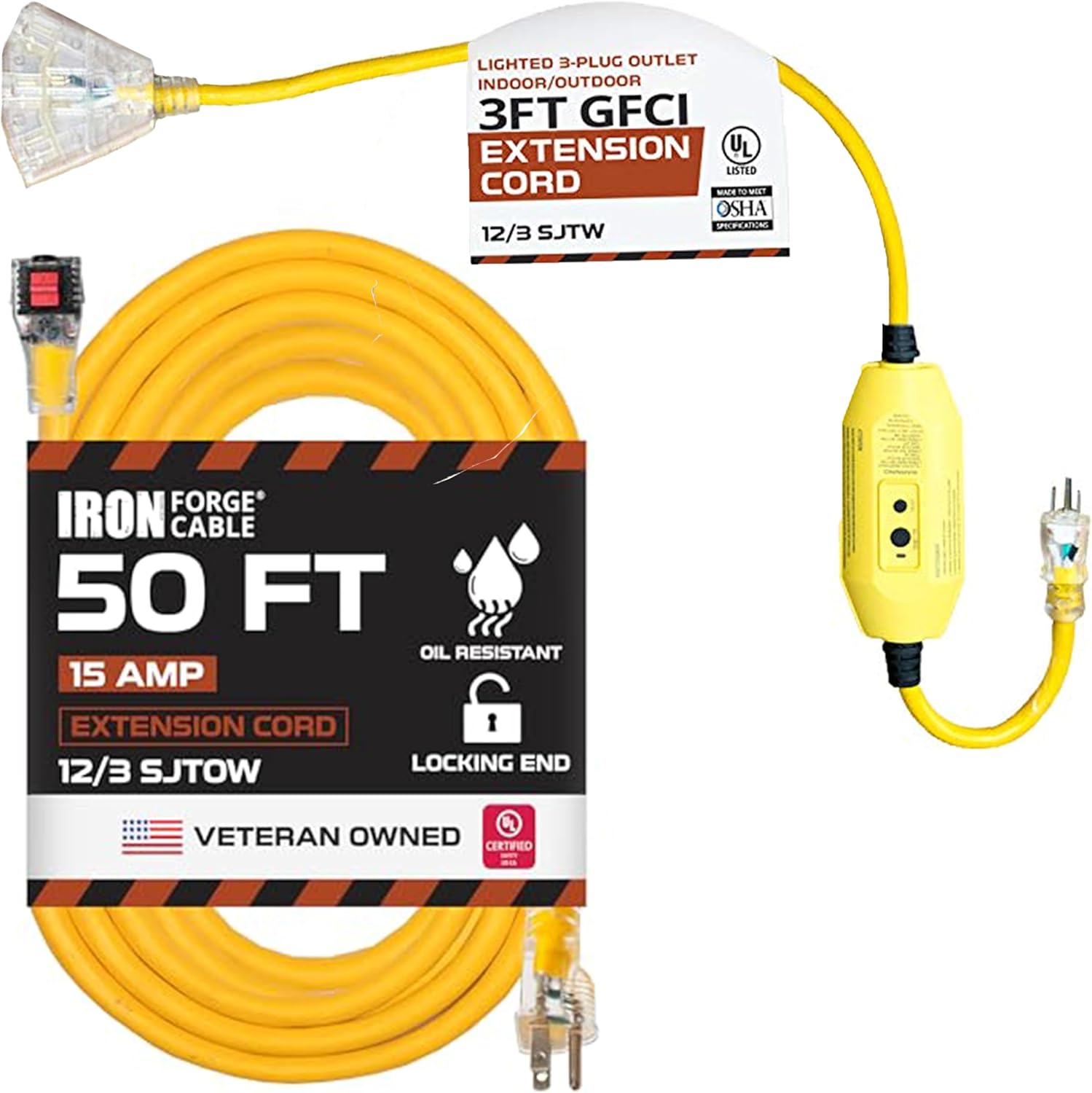 Iron Forge Cable 3 Ft Lighted Outdoor Extension Cord 3 Outlet - 12/3 15 AMP SJTW Heavy Duty Yellow & Oil Resistant 12 Gauge Extension Cord 50 ft with Locking Ends, Yellow 15 Amp 12/3 SJTOW Heavy Duty