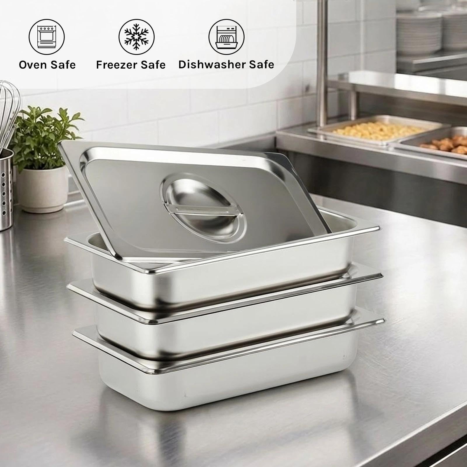 CURTA Recipiente GN 1/3 de acero inoxidable 304, profundidad de 65 mm, apto para lavavajillas y apilable, para hostelería y gastronomía, 3 juegos