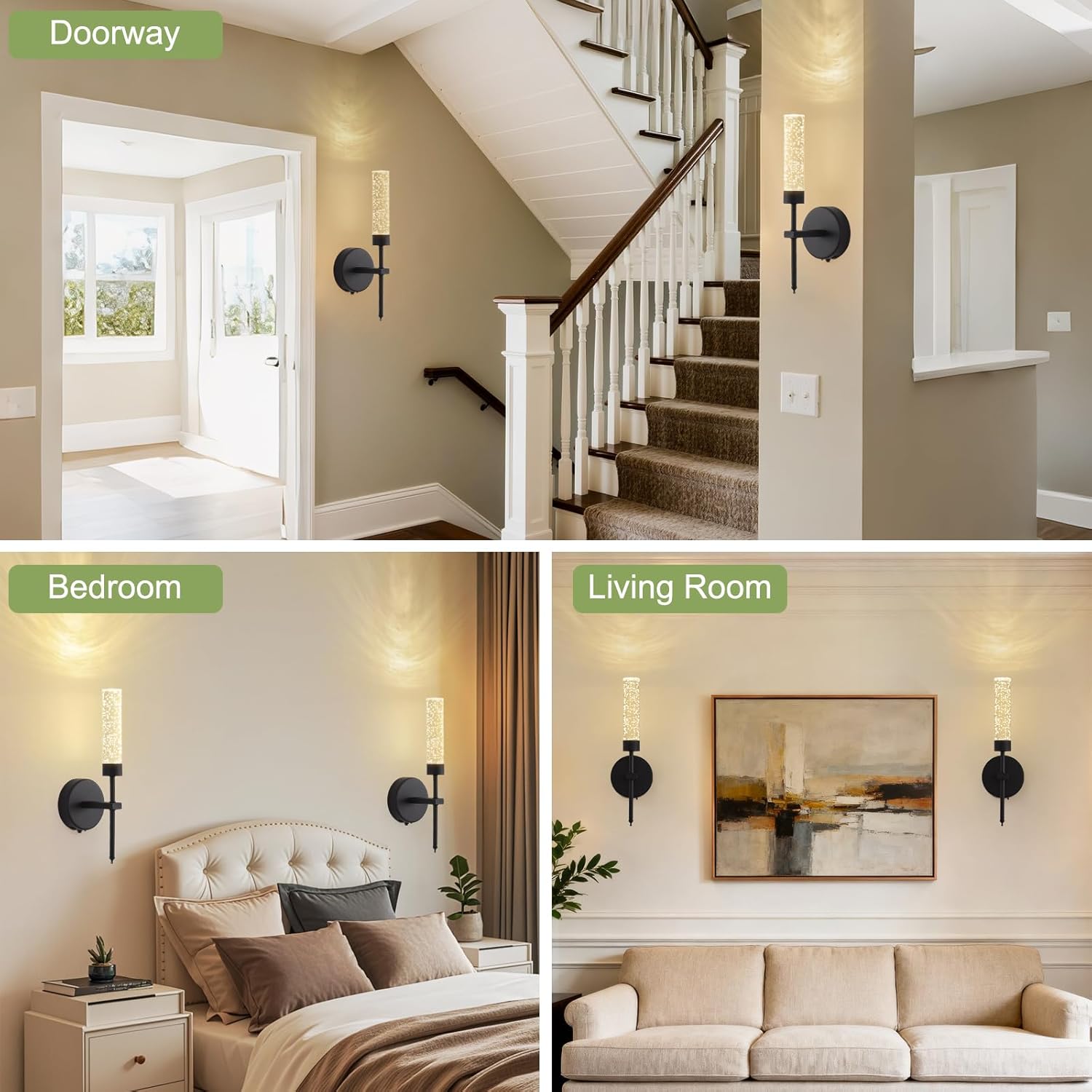 Crystal Battery Operated Wall Sconce, Modern Wireless LED Wall Sconces Set of 2 with Remote 3CCT Dimmable Timer, USB Rechargeable Cordless Wall Lights for Living Room Bedroom Bathroom Hallway, Black