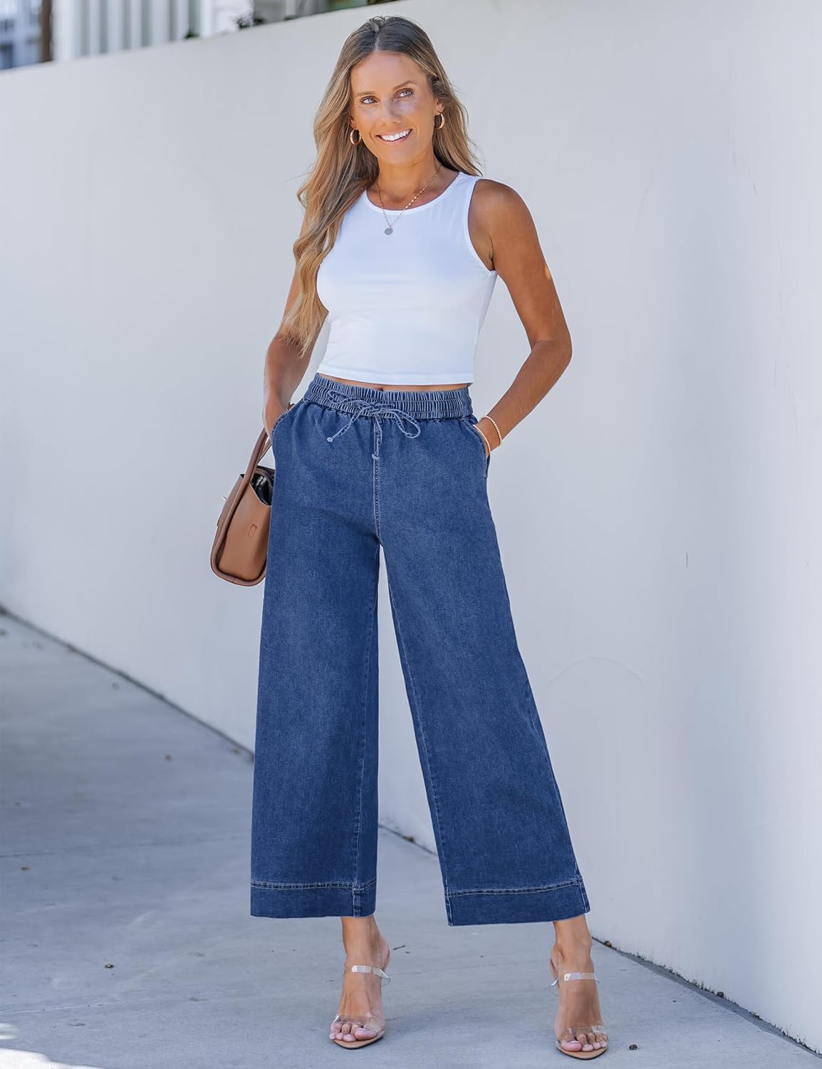 luvamia Wide Leg Jeans for Women High Waisted Cropped Pull On Jeans Elastic Wasit Drawstring Stretch Denim Trouser Pants - Image 9