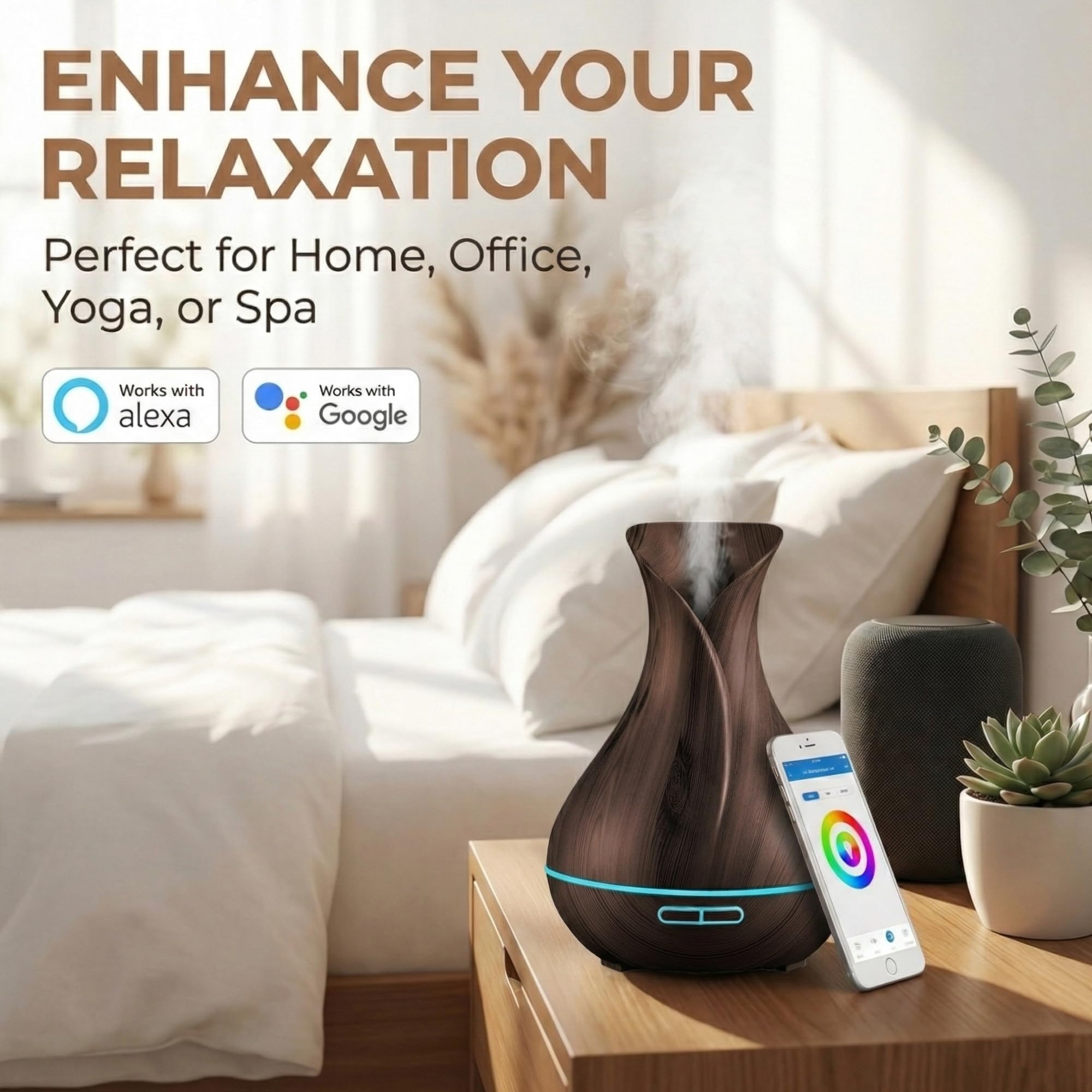 Sierra Modern Home Smart WiFi Humidifier - Aromatherapy Essential Oil Diffusers with App Control & Voice Control - Works with Alexa & Google Home - 400ml Ultrasonic Diffuser & Humidifier -: Dark Brown