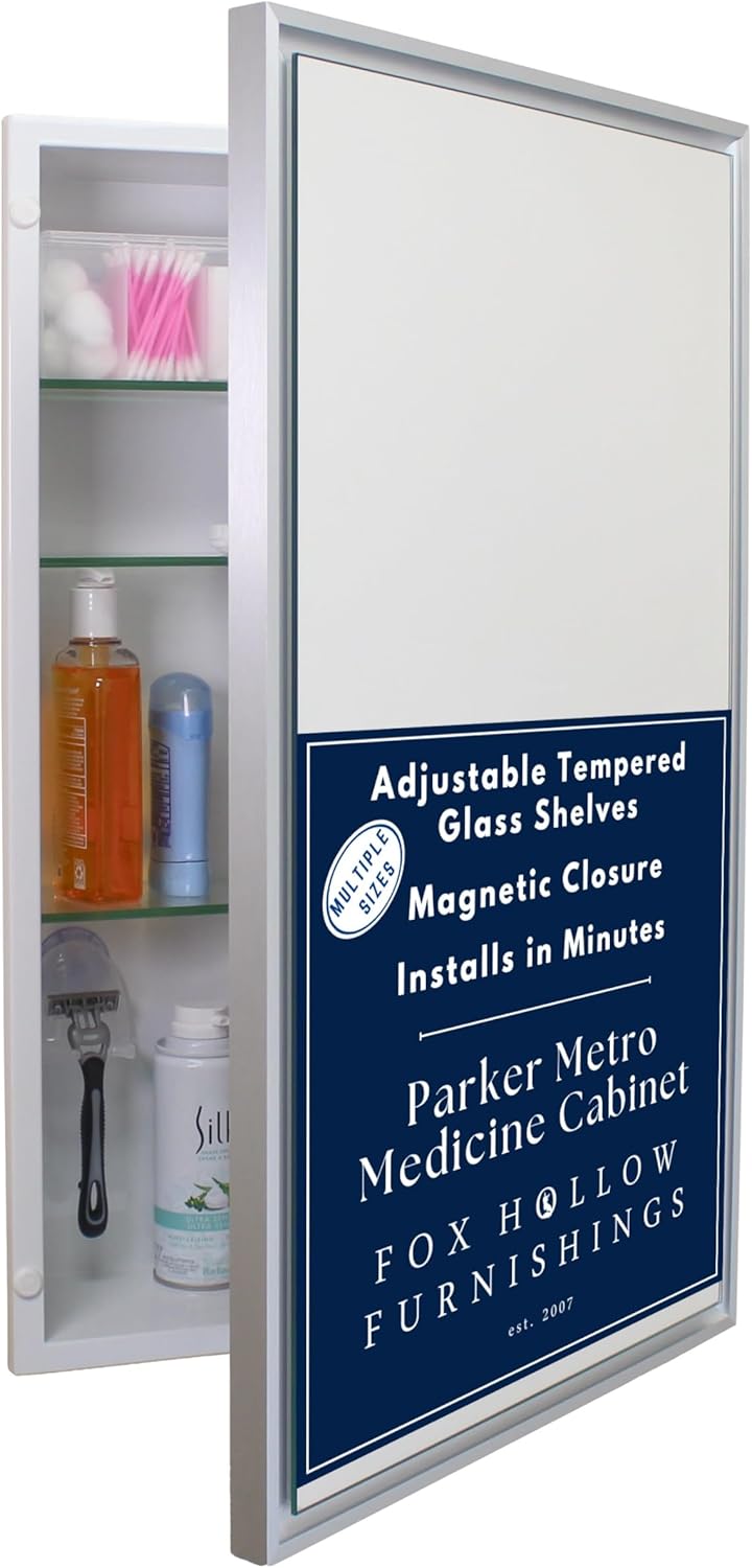 Fox Hollow Furnishings 16x26 Parker Metro Metal Framed Rectangle Recessed Bathroom Medicine Cabinet, Floating Mirror, 14x24 in-Wall Opening, Adjustable Glass Shelves, Magnet Close, Brushed Nickel
