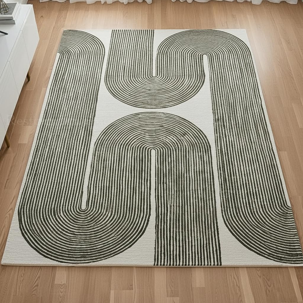 Modern Handmade Wool Area Rug, Abstract Curved Line Geometric Carpet for Living Room Bedroom, Contemporary Tufted Indoor Rug with Soft Pile and Cotton Backing (Olive, 5' x 8')