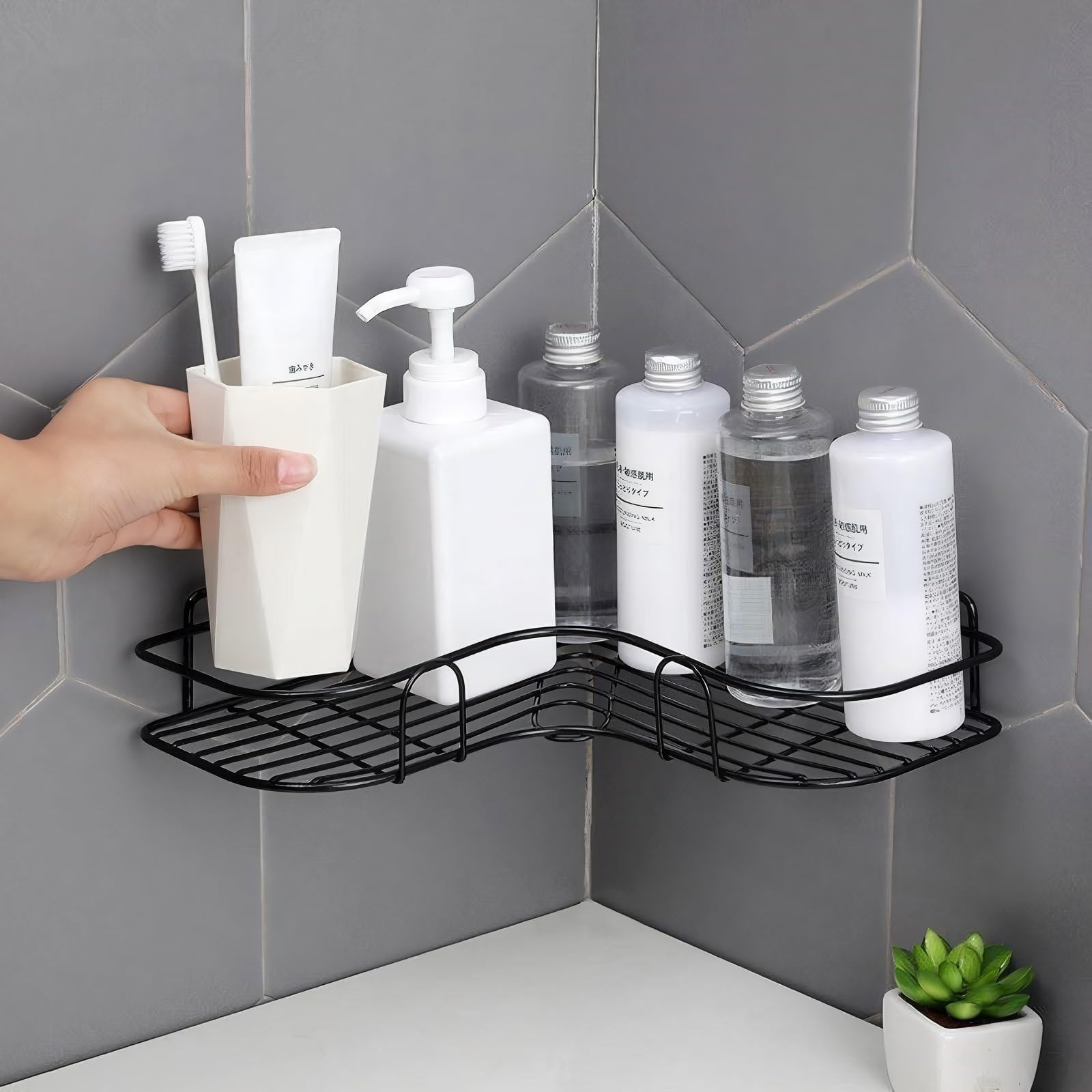 Arena Steel Self-Adhesive Multipurpose Bathroom Corner Shelf with Hooks/Towel Holder/Rack/Corner Bathroom Accessories-Wall Mount - Pack of 1 (Black) (B0CQRJH1YX) Amazon Price History, Amazon Price Tracker