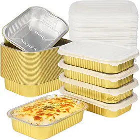 40 formas de alumínio com tampas, recipientes retangulares descartáveis para alimentos de 945 ml com tampas de plástico, bandejas de comida resistentes para assar, preparar refeições, congelar
