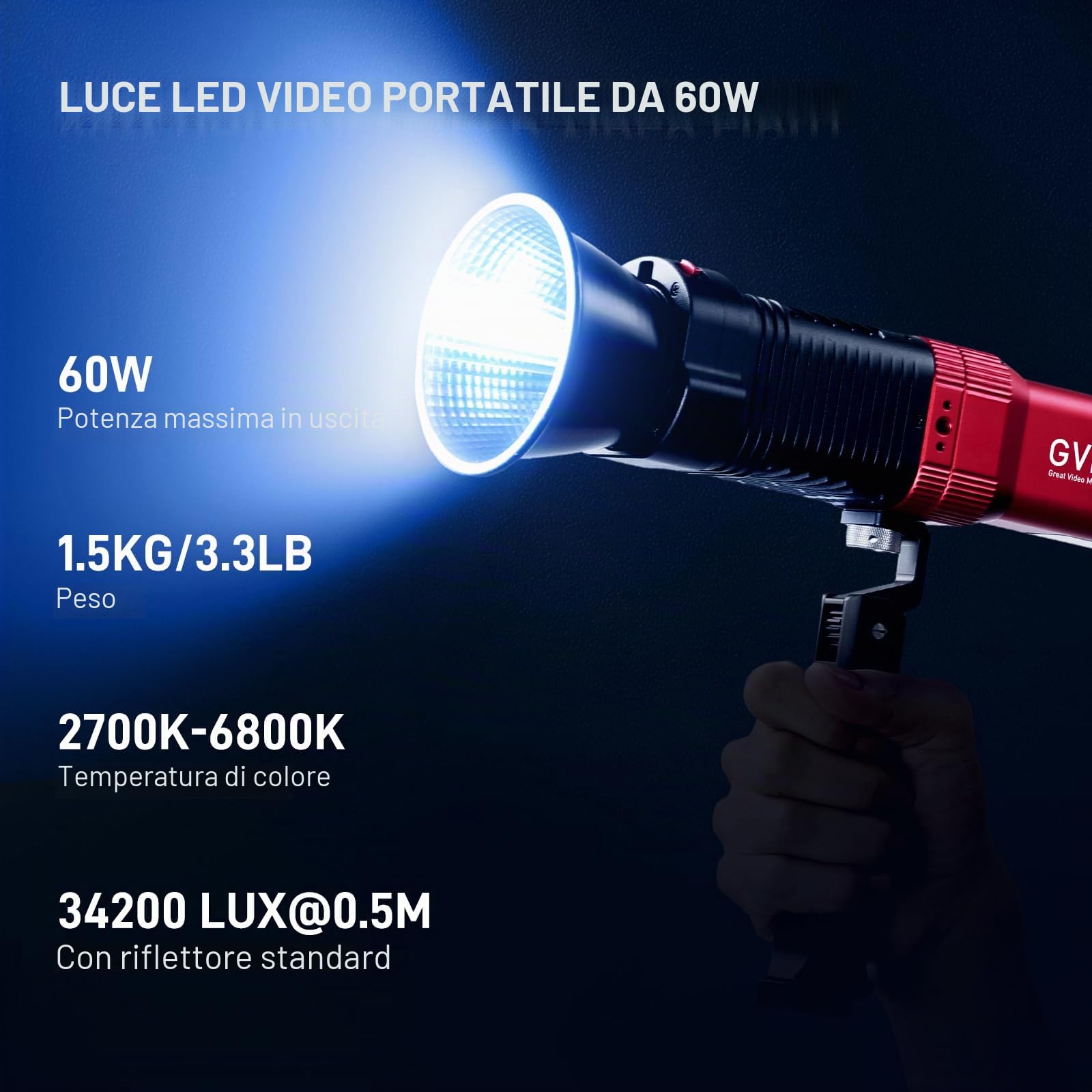 GVM PD60C RGB Video Light, 60W COB Fotografia Illuminazione, Luce Portatile Studio per Fotografi, IP65 Resistente all'acqua Faretto Palmare con Controllo Bluetooth, 2700-6800K, 34200lux/0.5m
