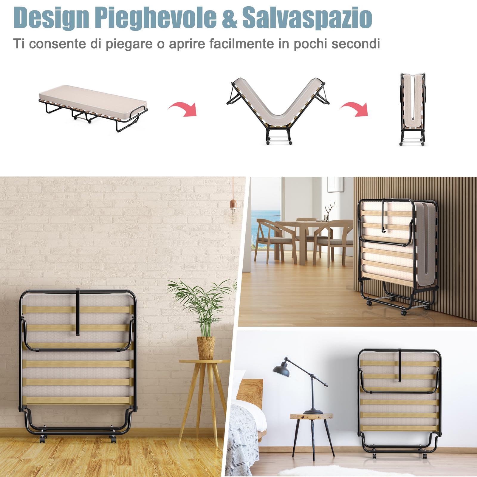 COSTWAY Brandina Pieghevole con Ruote Girevoli, con Materasso in Memory Foam, Lettino Pieghevole a Doghe 190x80 cm, Salvaspazio, Carico Massimo 130 kg