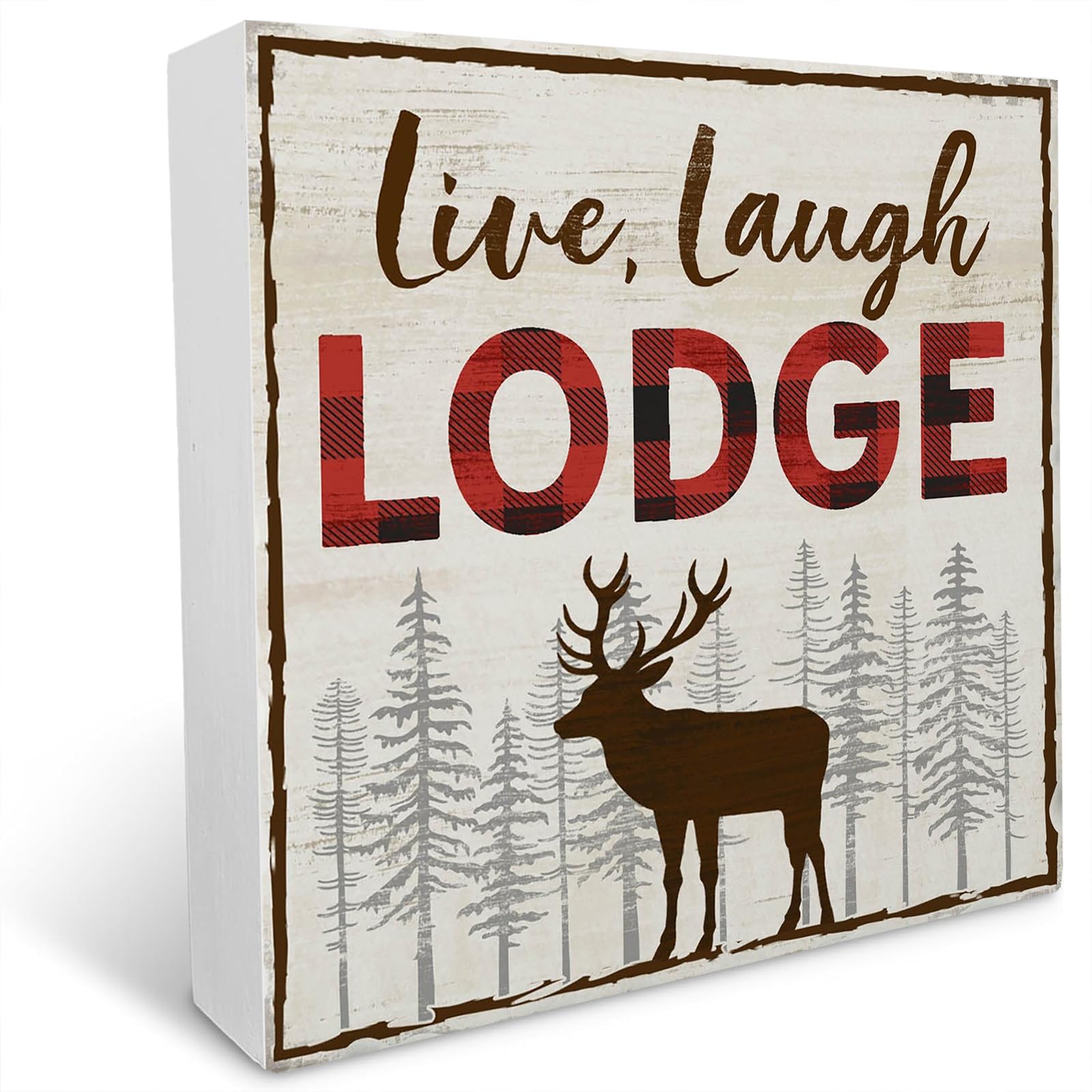 kisoyo Live Laugh Lodge Wood Block Plaque Box Sign Desk Decorations for Home Bedroom Living Room Office Desk Shelf Table Decor 5x5 Inch
