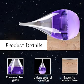 Purple Storm Glass Weather Forecaster, Small Teardrop Shape Weather Forecast Bottle with Wooden Base, Storm Glass Weather Station, Father's Day Gifts, High-Grade Home and Office Decoration (purple)