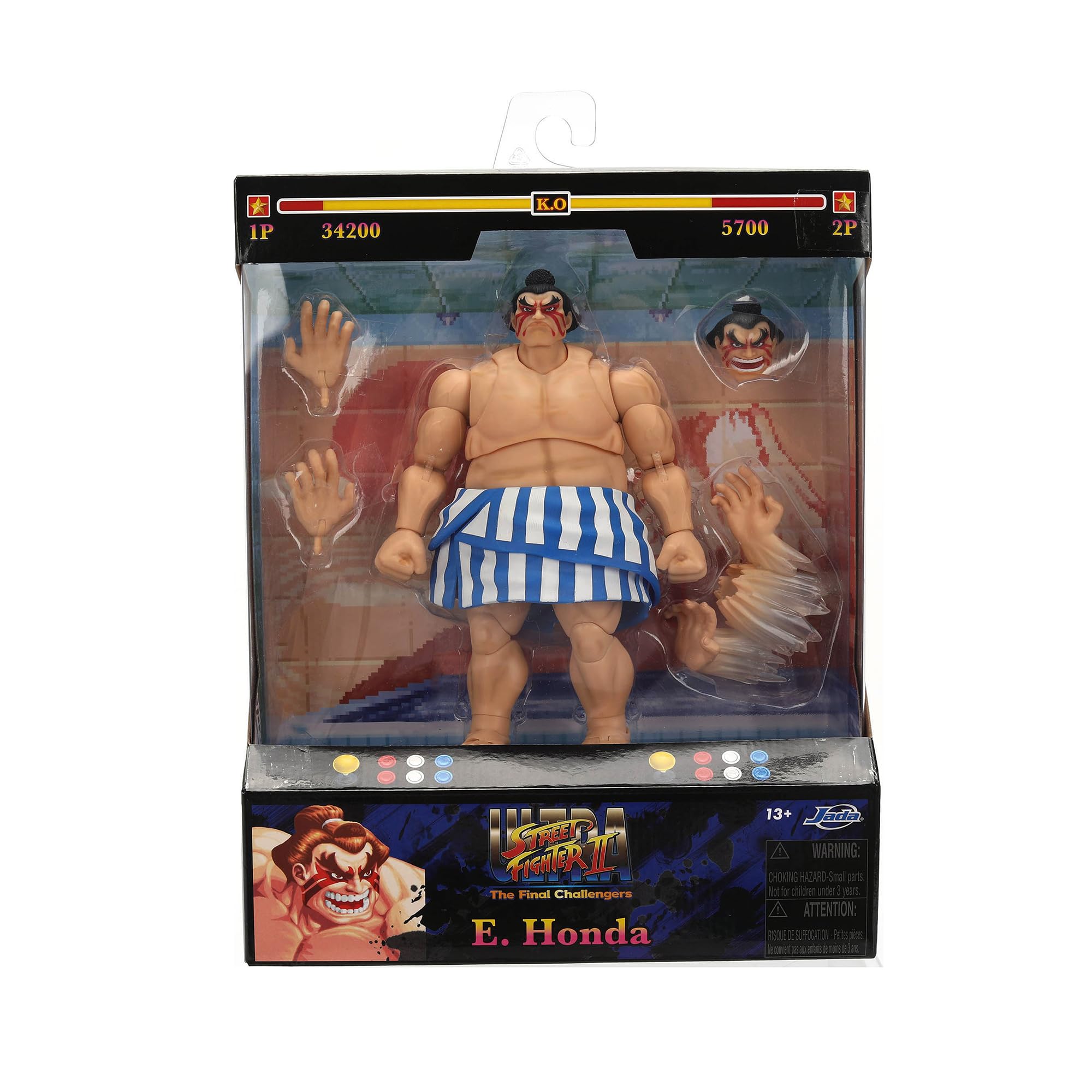 Jada Toys Street Fighter figurka E. Honda (16 cm) - ruchoma figurka kolekcjonerska i akcji z Street Fighter 2: The Final Challengers, z alternatywną głową, rękami i akcesoriami, od 13 lat