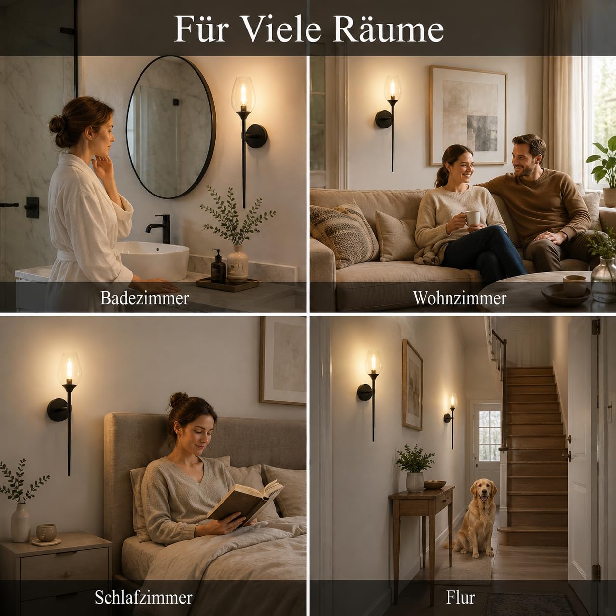 Wandleuchte Innen Glas Modern Weinglas E14 Schwarz Tulpenform | Verkabelte Wandleuchte mit Warmweiß-Leuchtmittel, für Spiegel, Badezimmer, Wohnzimmer, Schlafzimmer und Flur