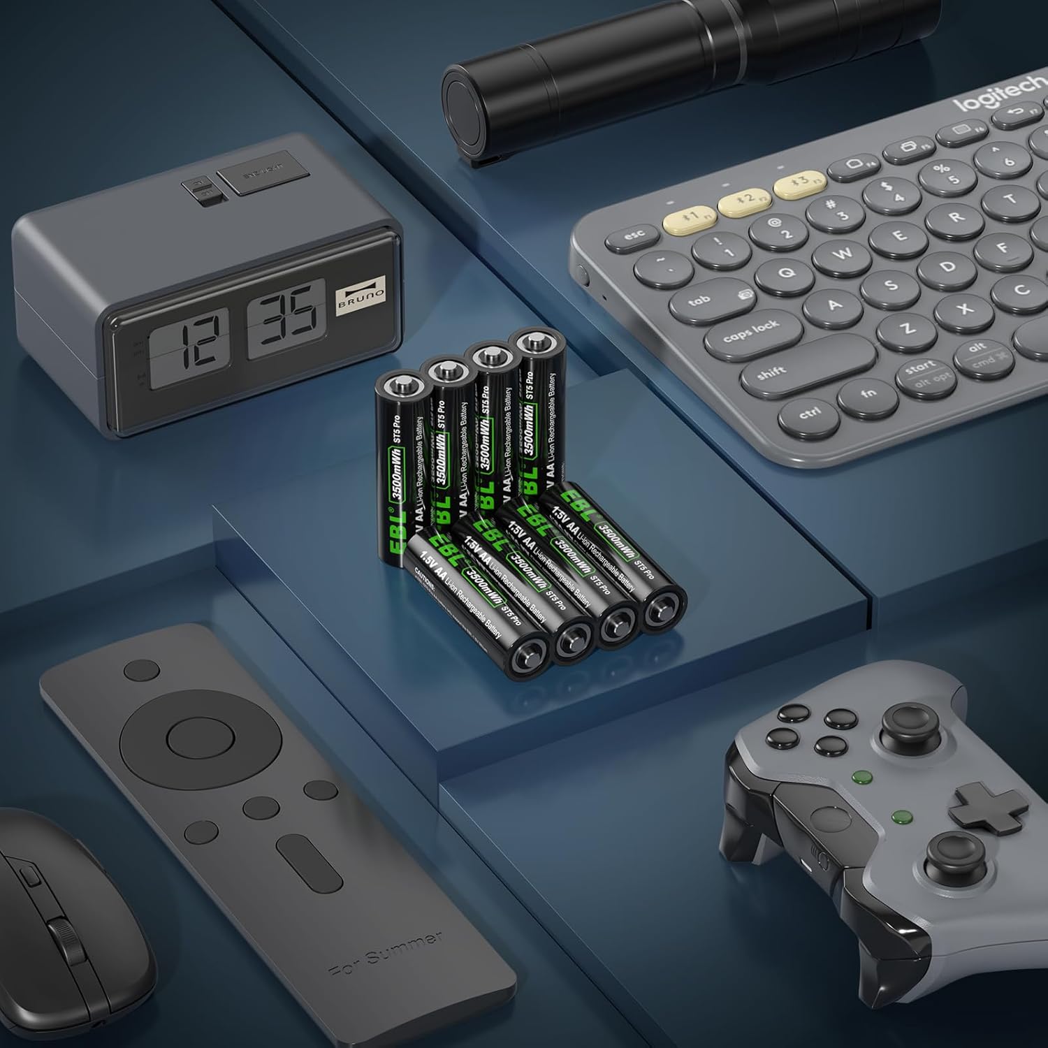 Various electronic devices including a clock, keyboard, remote control, game controller, and flashlight, with EBL AA batteries placed among them, demonstrating wide application.