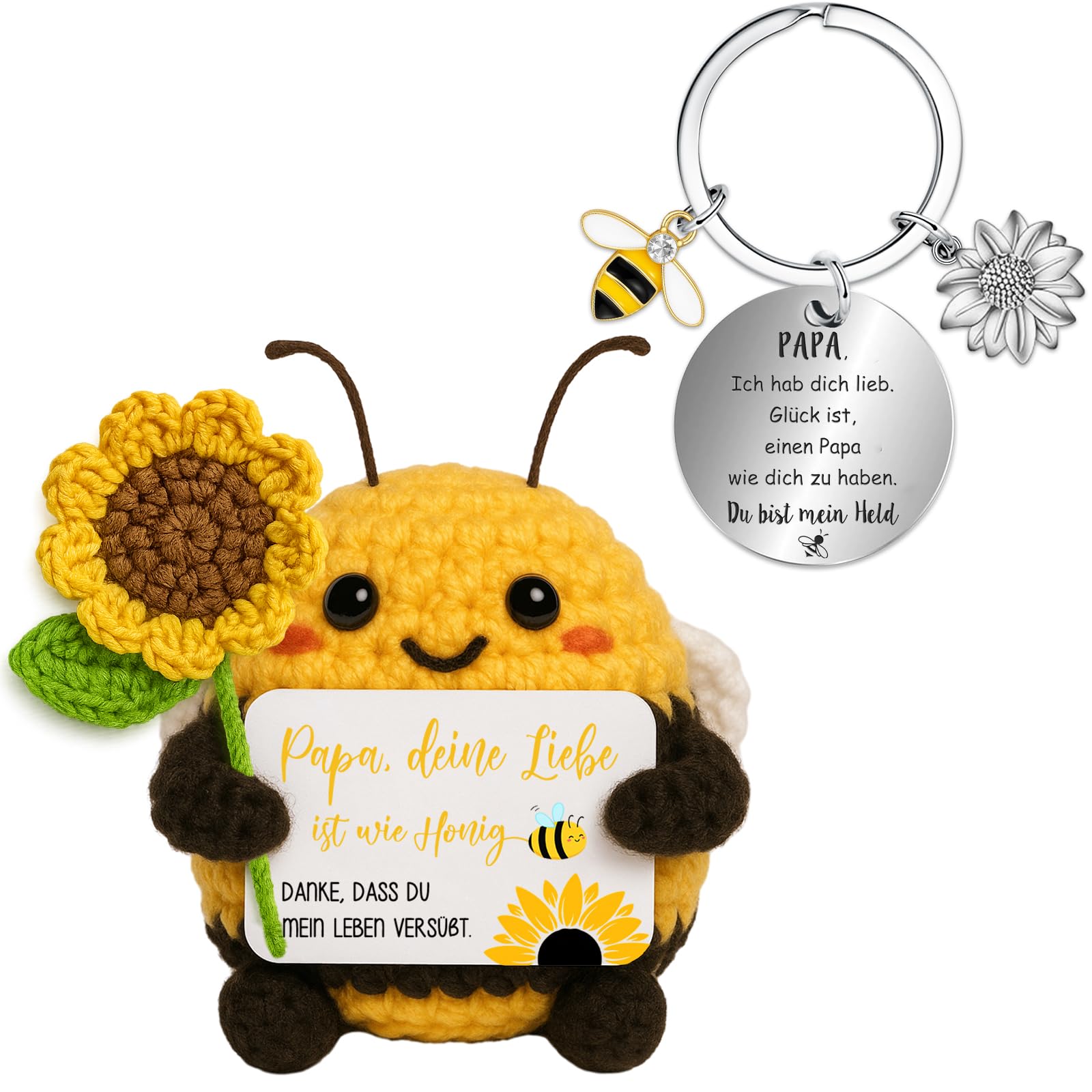 Farbeele Geschenke für Frauen & Männer, Handgehäkelte Sonnenblumen-Biene mit Glücksbringer Schlüsselanhänger, MutmacherGeschenk, Geburtstagsgeschenk für Freunde, Familie, Kollegen, Partner, Mama, Papa