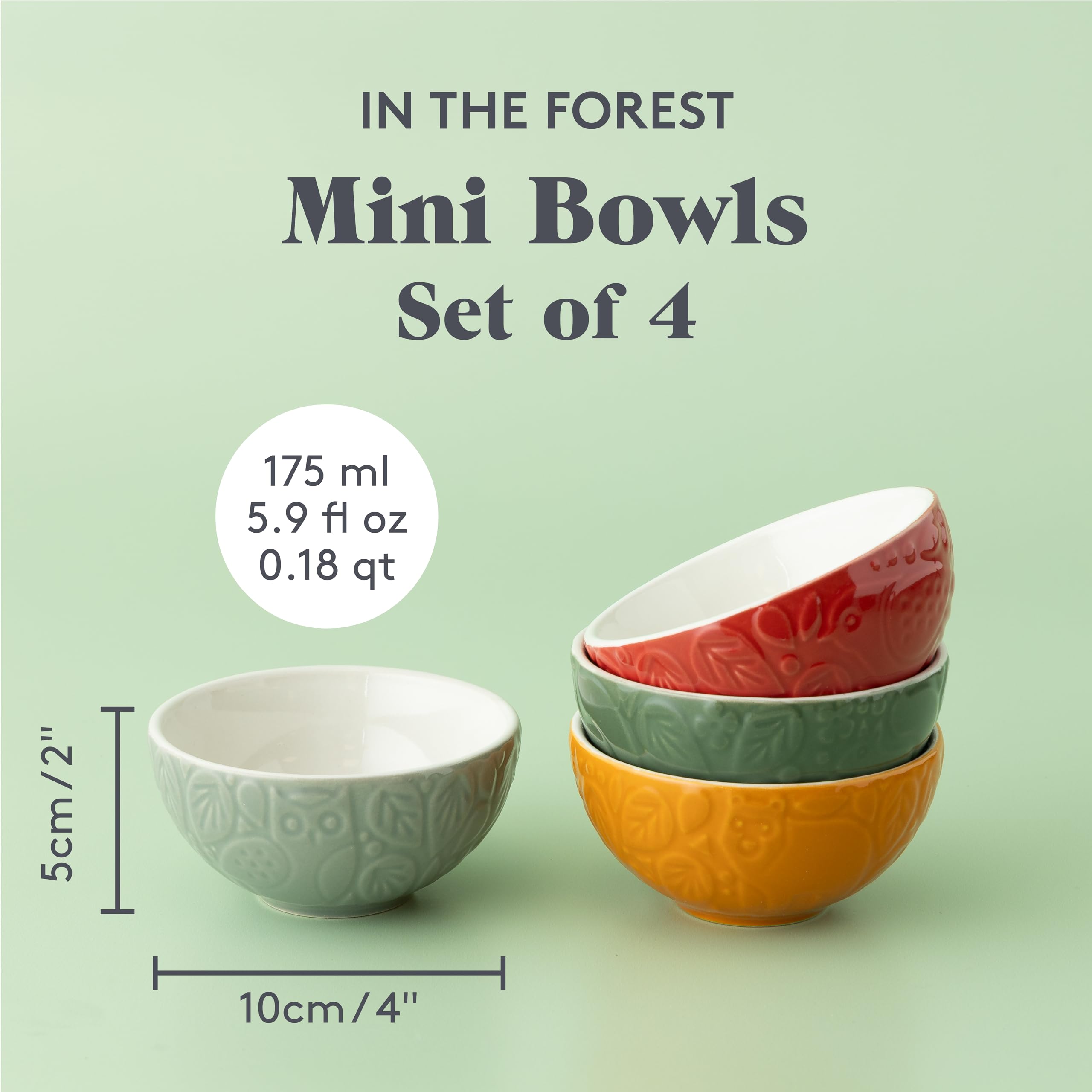 Mason Cash in The Forest - Set di 4 ciotole in gres porcellanato, design in rilievo Woodland in grigio, rosso, verde e ocra, capacità 175 ml, ideali per pizzicare pentole, salse e dessert