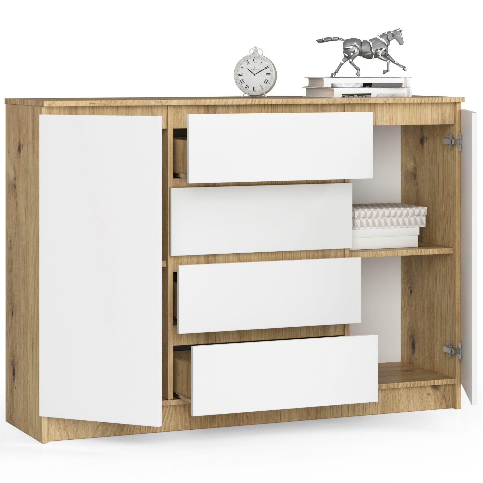 Commode K 140 Cm 4 Tiroirs 2 Portes – Sonoma/Blanc – Pour Salon, Chambre Ou Bureau