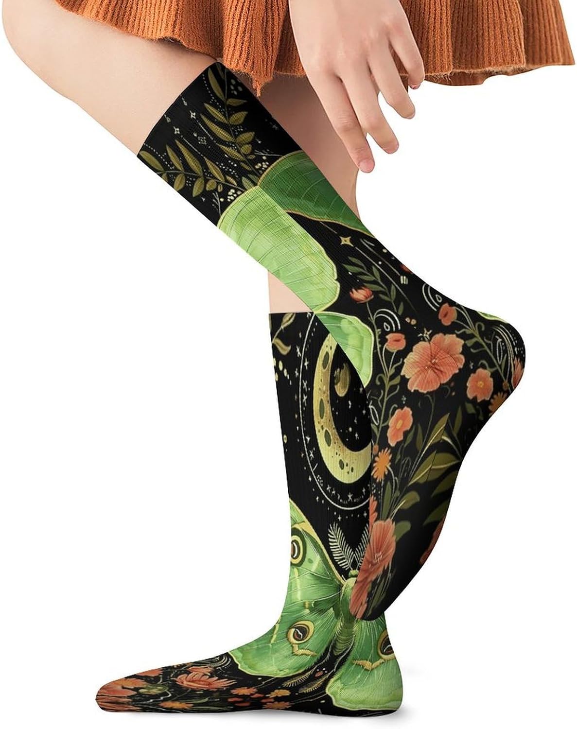 Green Luna Moth Floral Crew Socks Casual Breathable Calf Socks | Cushion Running Athletic Socks Long Performance Breathable Sports Socks for Women Men