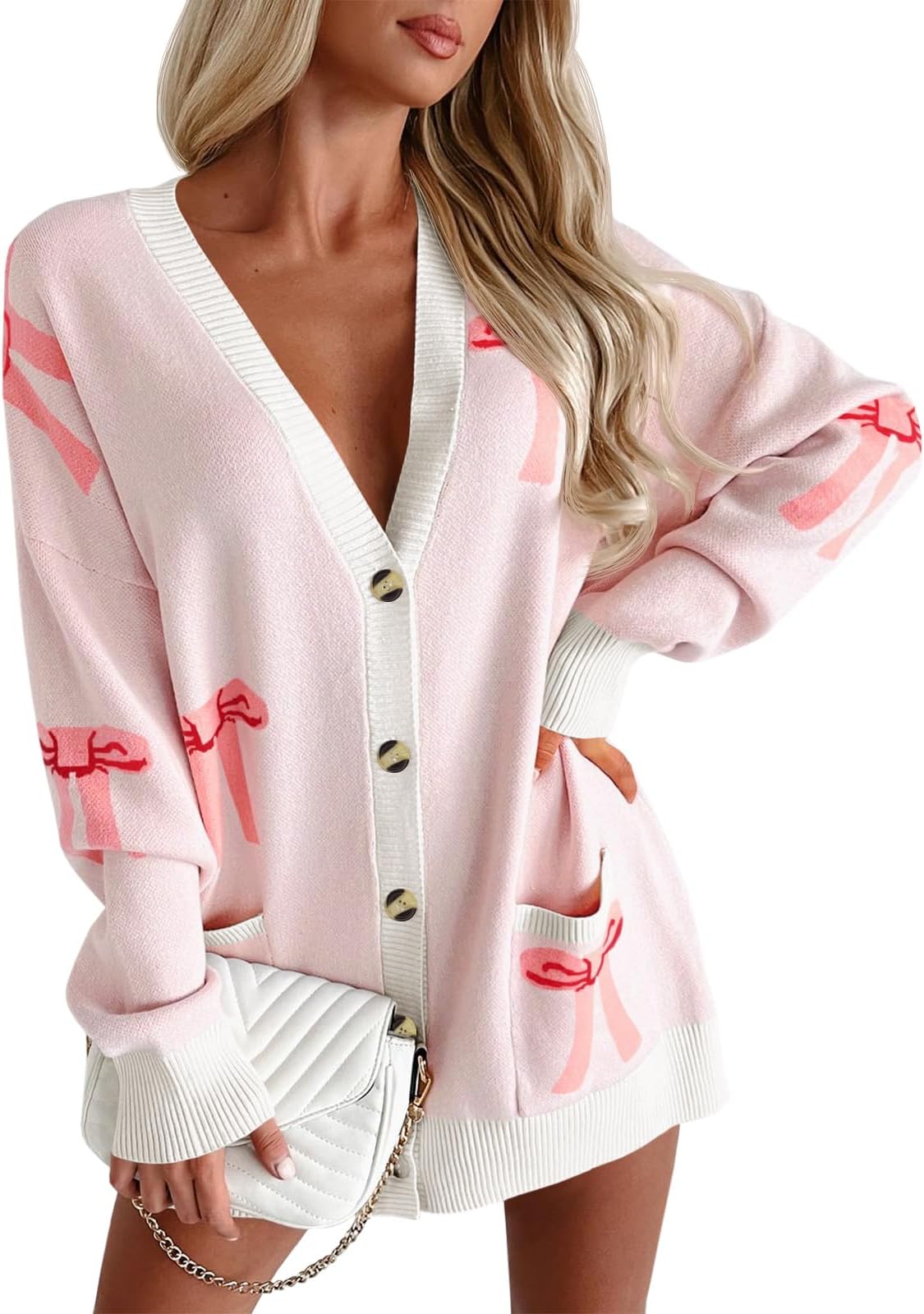 Womens Oversized Cardigan Sweaters Bow Printed Button V Neck Long Sleeve Loose Knit Fall Trendy Coats