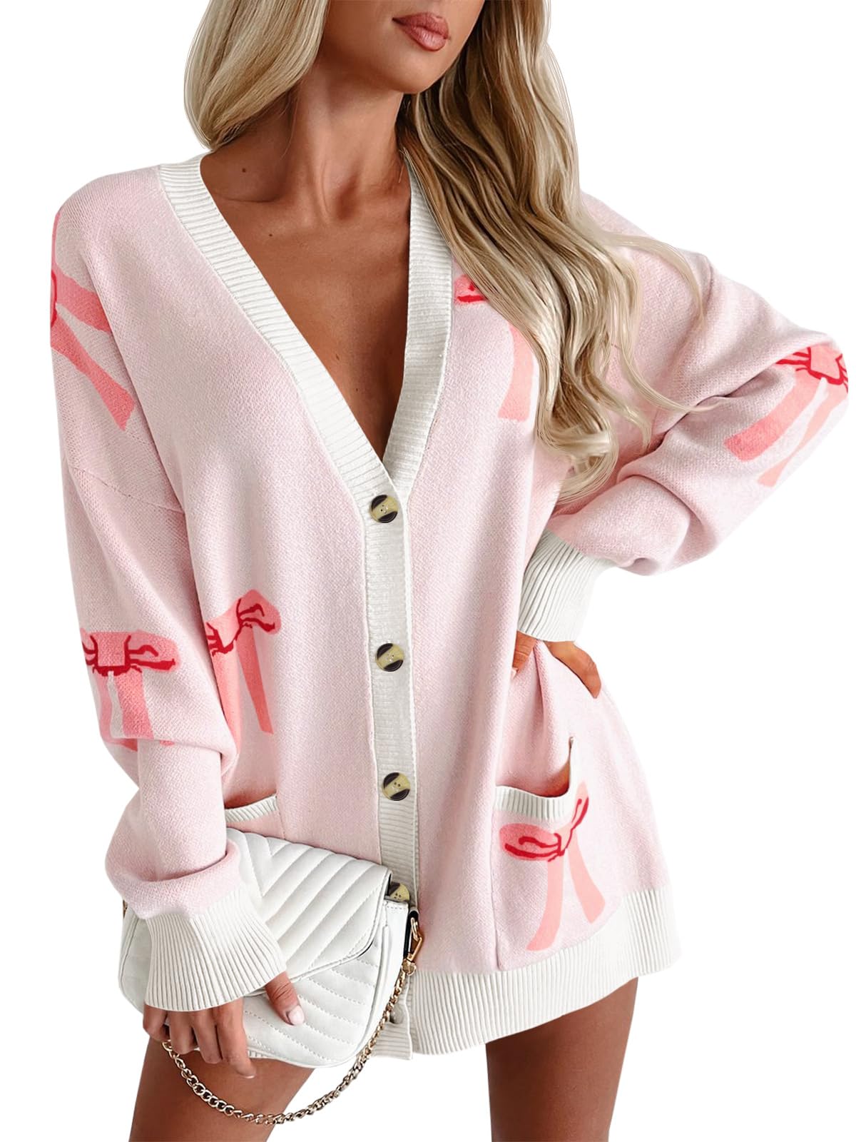 Saodimallsu Womens Oversized Cardigan Sweaters Bow Printed Button V Neck Long Sleeve Loose Knit Fall Trendy Coats