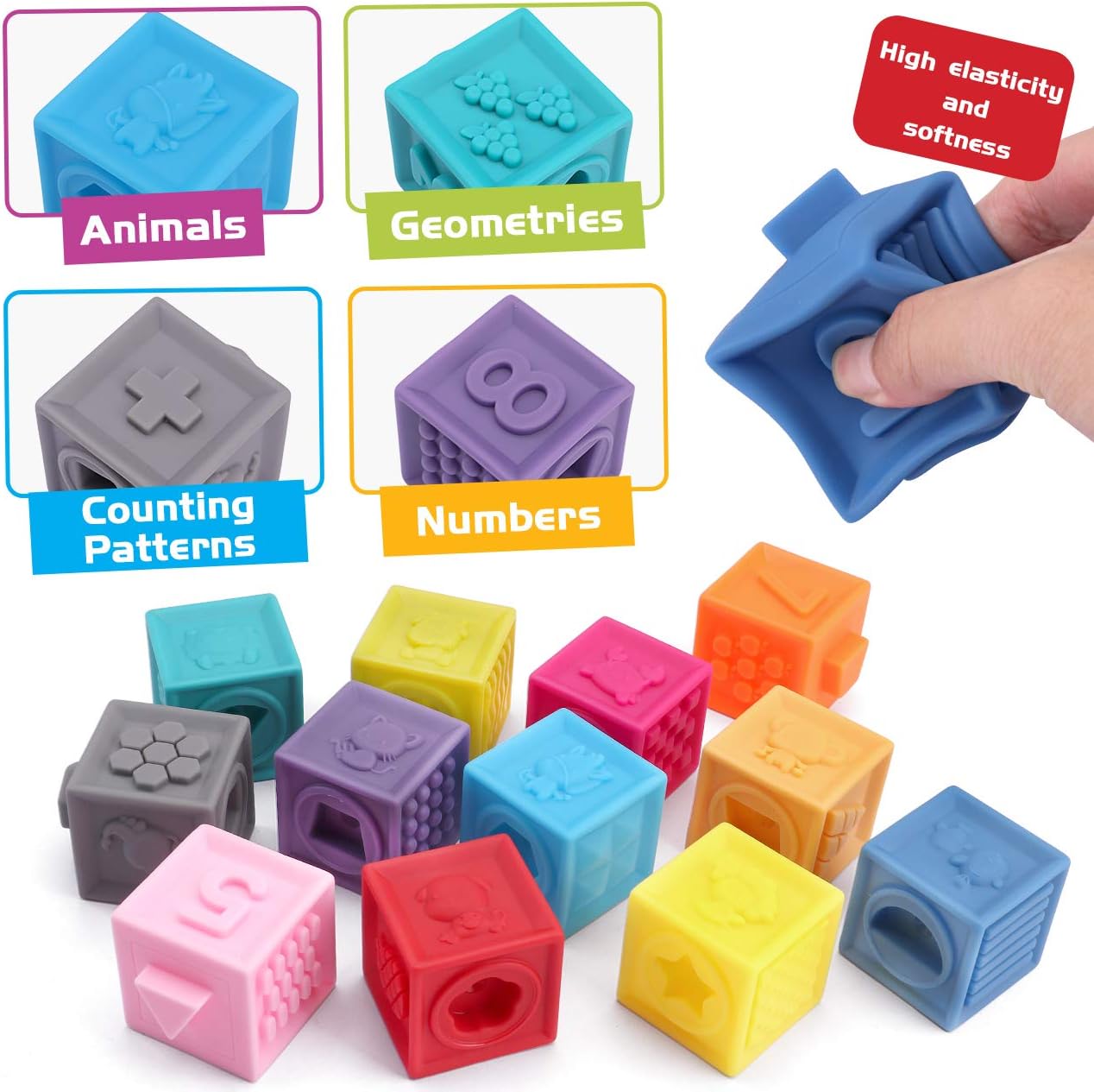 OWNONE 1 Baby Soft Blocks, 16PCS Stacking Building Blocks for Toddlers 1-3, Teething & Sensory Toys for Babies Infant 6 9 10 12 18 Months, Learning Developmental Toys for Boys & Girls 1 2 3 Years Old