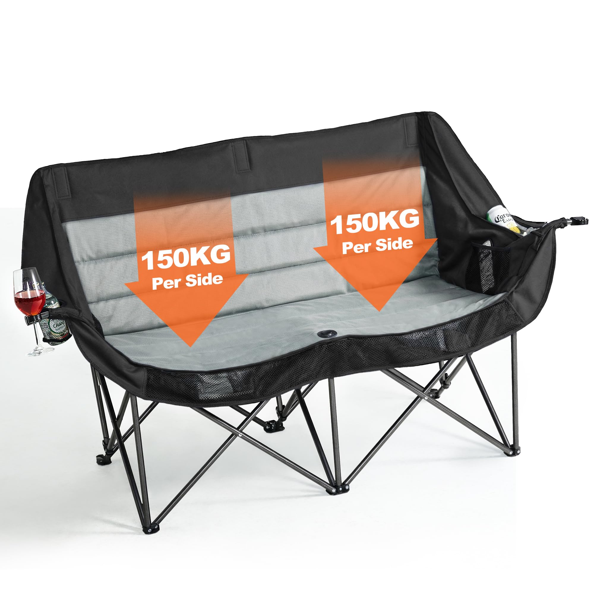 Coolfish Double Camping Chair for Adults, Folding Padded Camping Sofa, Sturdy Heavy Duty Camping Chairs, Luxury Oversized Loveseat w/Cup Holder, Comfy Outdoor Fishing Chair w/Cooler Pocket, Black