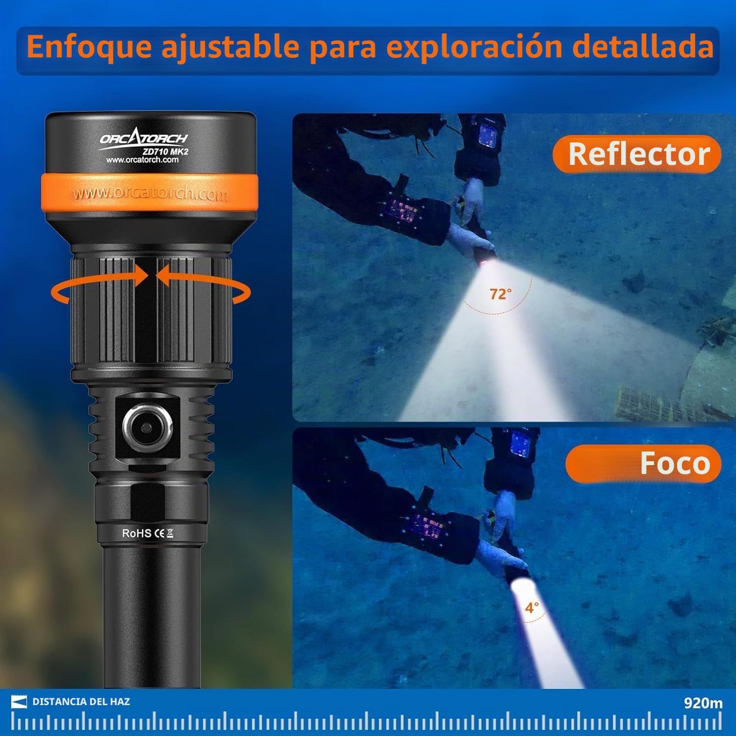 ORCATORCH ZD710MK2 4°-72° Zoom Linterna Buceo,1500 Lúmenes Linterna Submarina LED con 4 Modos 2 en 1 Luz Focalizada y Amplia,IP68 Impermeable Linterna de Buceo hasta 150M para Buceo Técnico y Nocturno