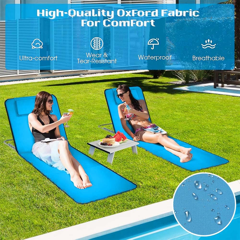 2 sztuki składanych, lekkich, przenośnych leżaków plażowych z regulowanym oparciem, mata słoneczna składana z torbą do przenoszenia i praktycznym schowkiem, na plażę, basen, ogród i taras