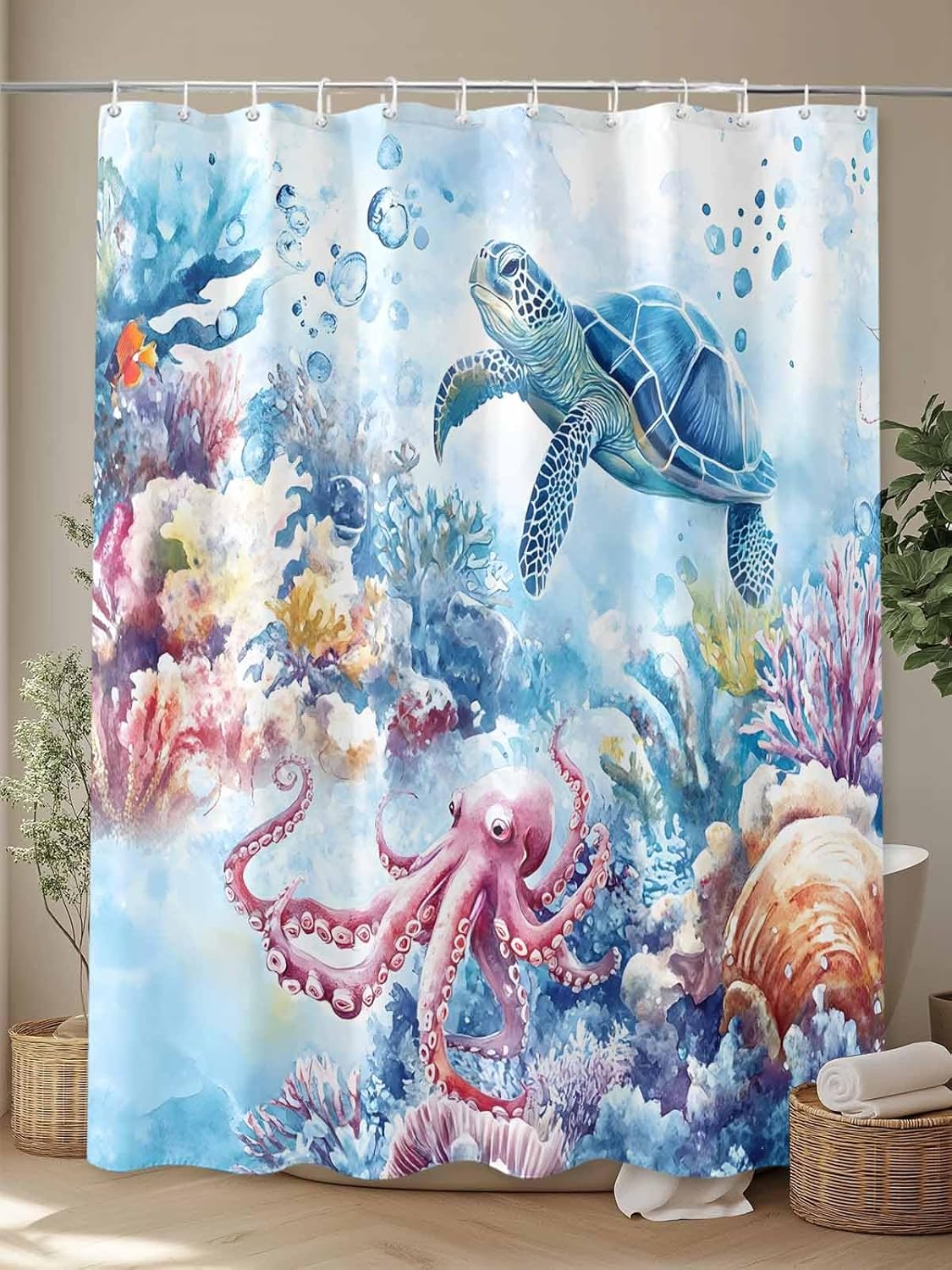 Tropical Marine Shower Curtain Turtle Octopus Watercolor Coral Shower Curtains for Bathroom Polyester Waterproof Fabric Cloth Bath Curtains with Hooks Home Bathtub Decor 36x72 Inch