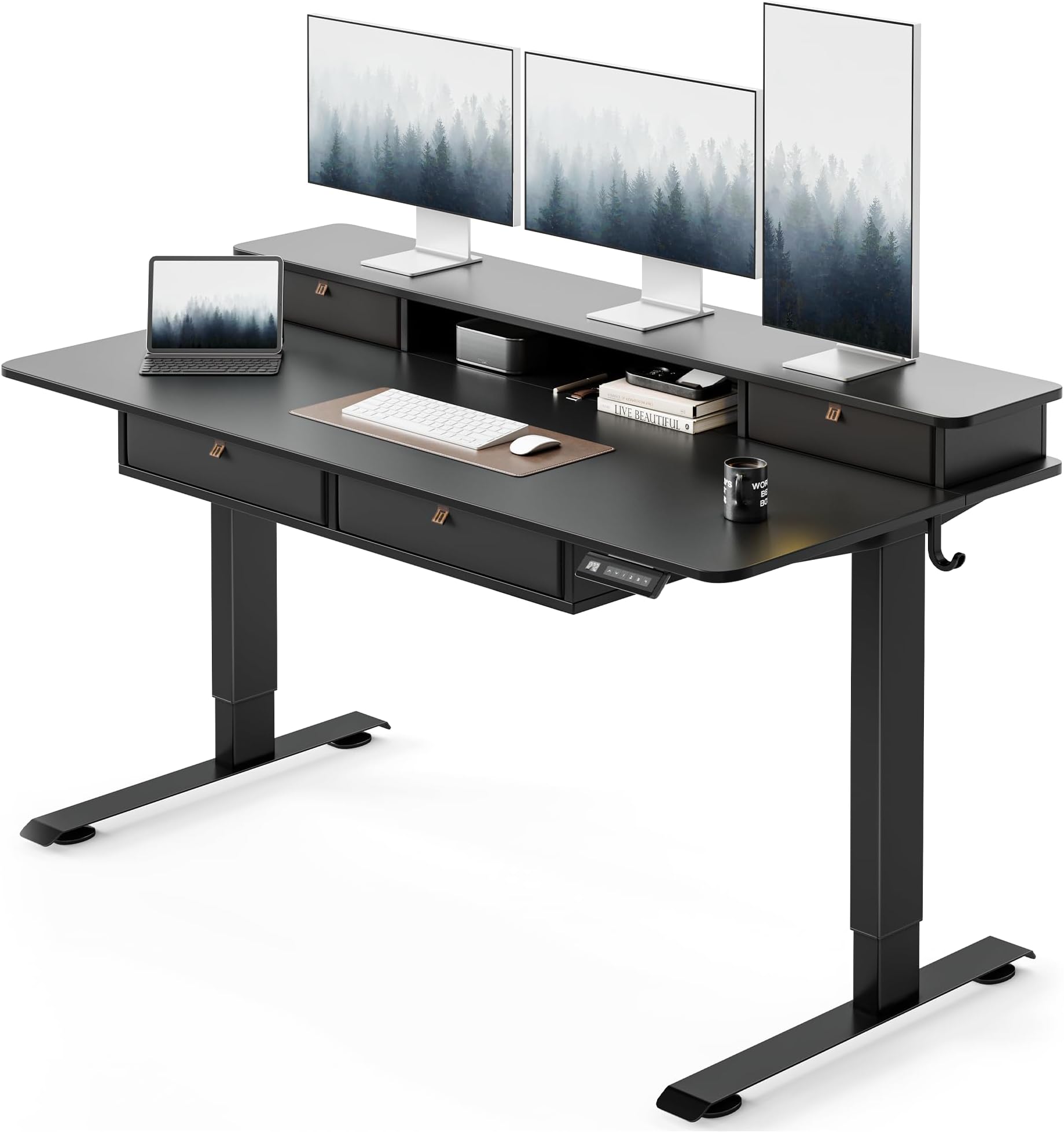 FEZIBO 55 x 30 inch Standing Desk with Drawers, Height Adjustable Electric Workstation, Computer Sit Stand Up Table with Large Storage Shelf 4 Drawers and 2 Hooks, Black