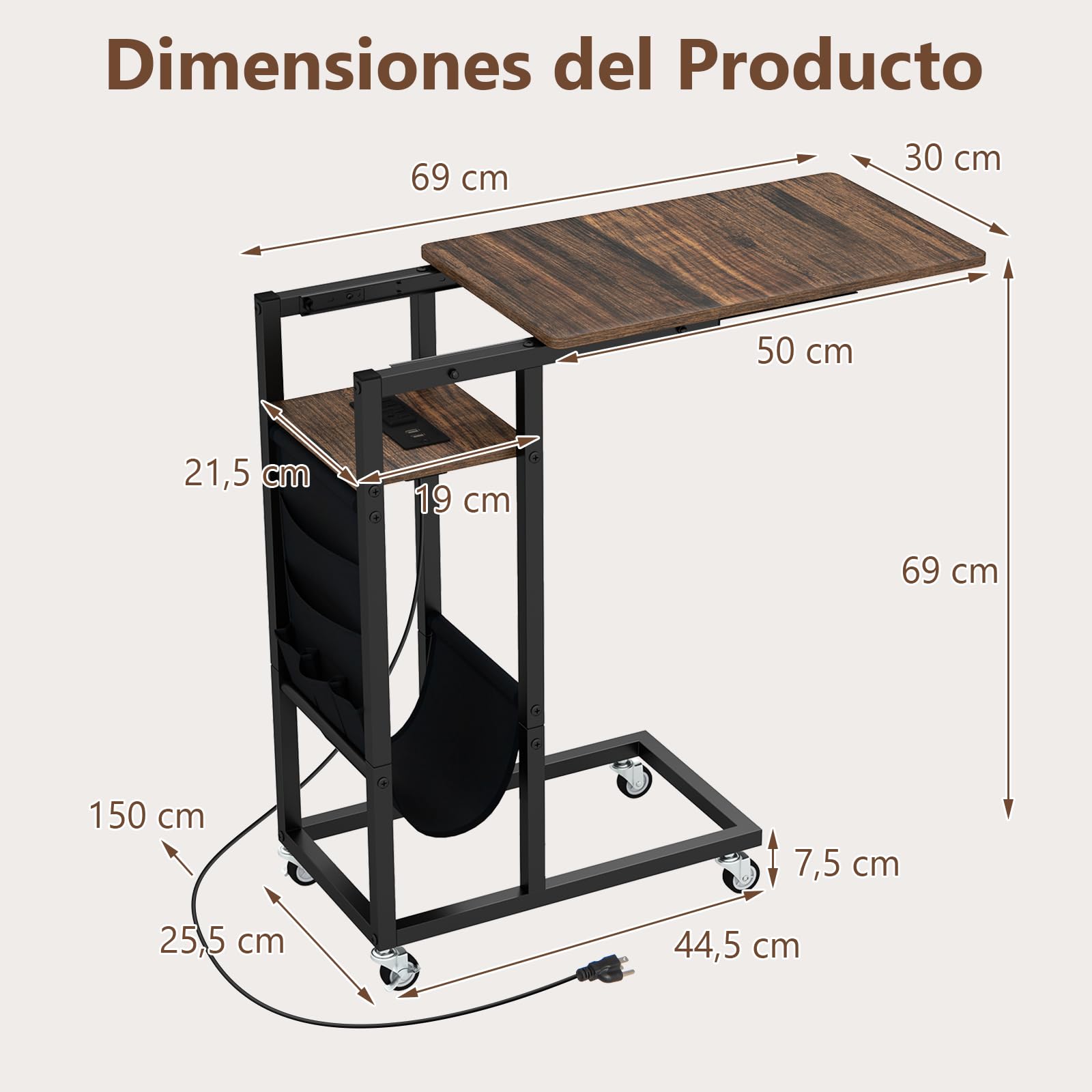GYMAX Mesa Lateral con 4 Ruedas, Mesa con Superficie Extensible, Mesa en Forma de C, Mesa de Noche con Bolsillo y Estación de Carga, Ideal para Sala de Estar y Dormitorio (Marrón Rústico)