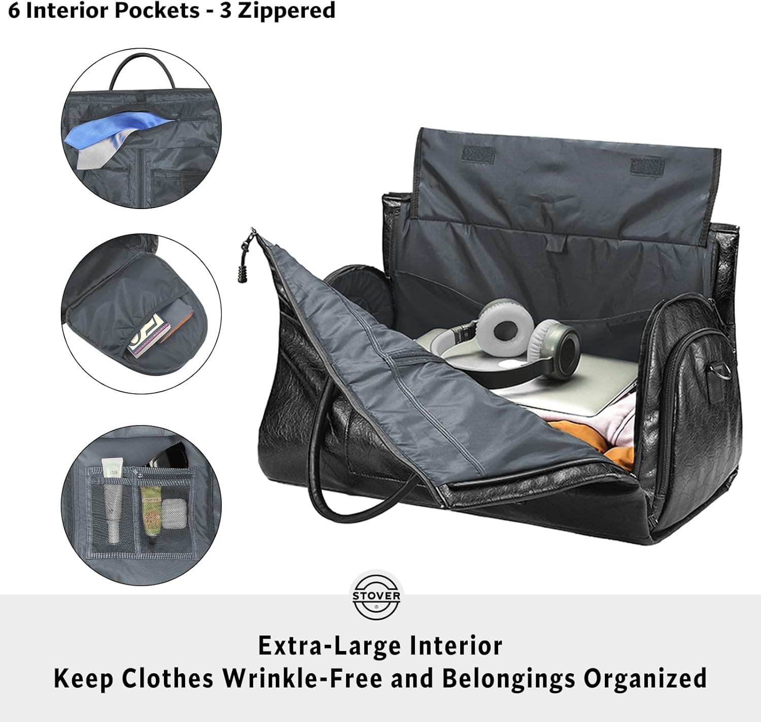 STOVER Garment Travel Duffle Bag, Large 2-in-1 Convertible Carry-on Luggage for Men & Women- Hanging Suits, Dresses & Clothes + Shoe Compartment- Weekender Tote Combo Duffel (Black Leatherette) - Image 3