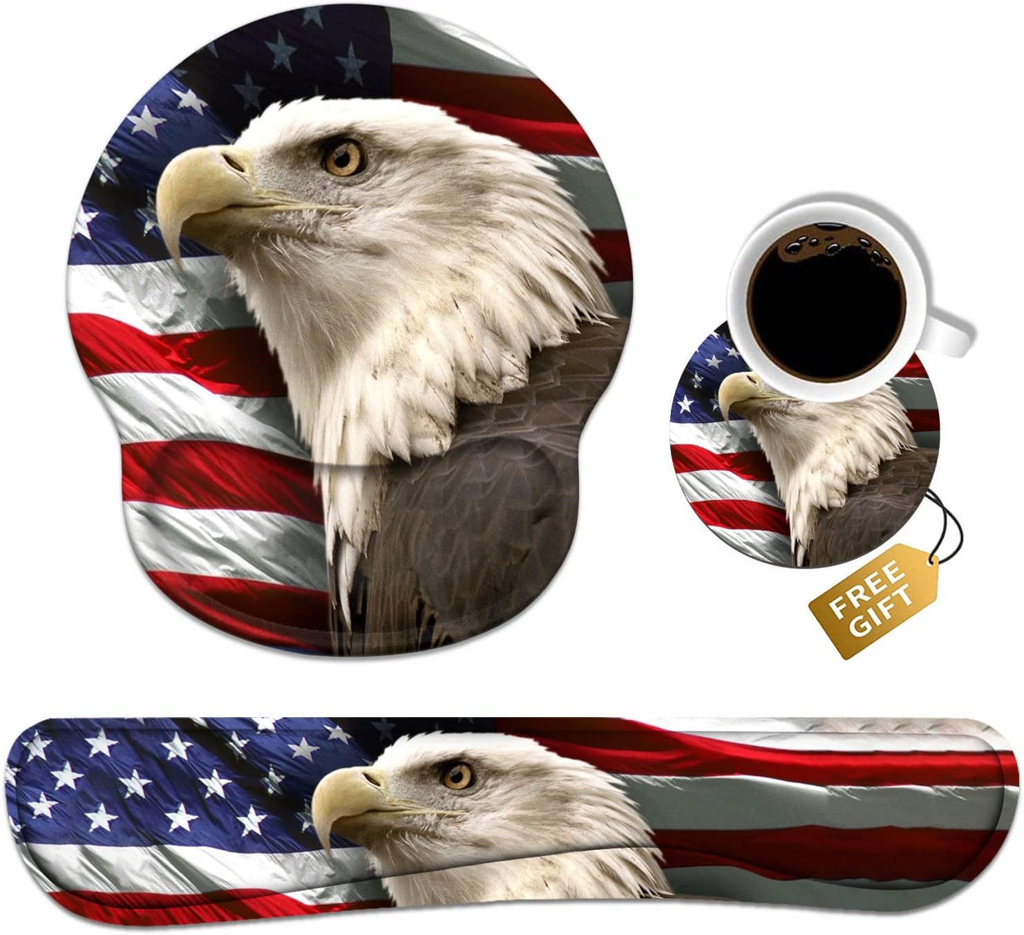 Keyboard Wrist Rest and Mouse Pad Wrist Support Set with Coasters, Non-Slip PU Base Ergonomic Mousepad for Home Office Working Studying Easy Typing & Pain Relief, Patriotic American Flag Bald Eagle