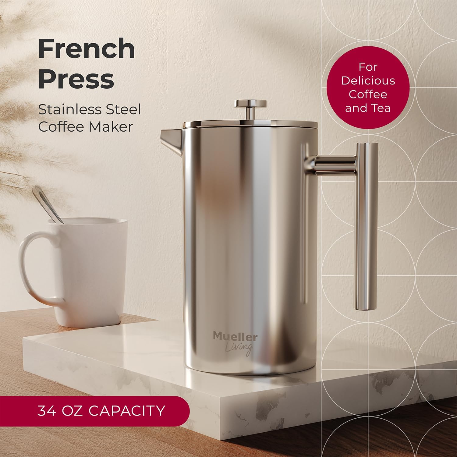 MuellerLiving French Press Coffee Maker 34oz, Stainless Steel French Press Coffee, 4 Filter Heat Resistant Double Insulated, Rust-Free, Food Grade, Dishwasher Safe Coffee Pot