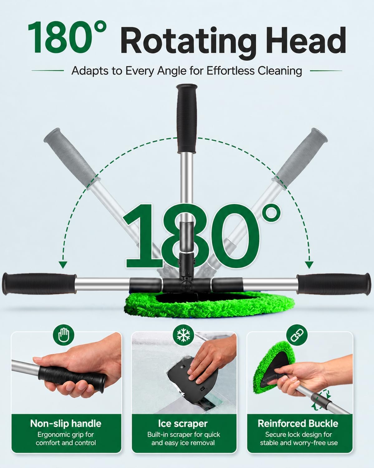 25.5" Extra-Long Reach – Super Absorbent Coral Velvet Windshield Cleaner Tool, Streak-Free Windshield Cleaning Tool Kit with 5 Pads, 2 Spray Bottles & Storage Bag for Auto Glass & Home Windows, Green