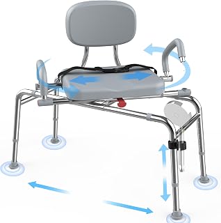 Sliding Shower Chair Tub Transfer Bench with 360°Swivel Seat,Anti-Slip Design,with Security Belt for Elderly and Disabled,Adjustable Height with one Touch Slide Button,Gray