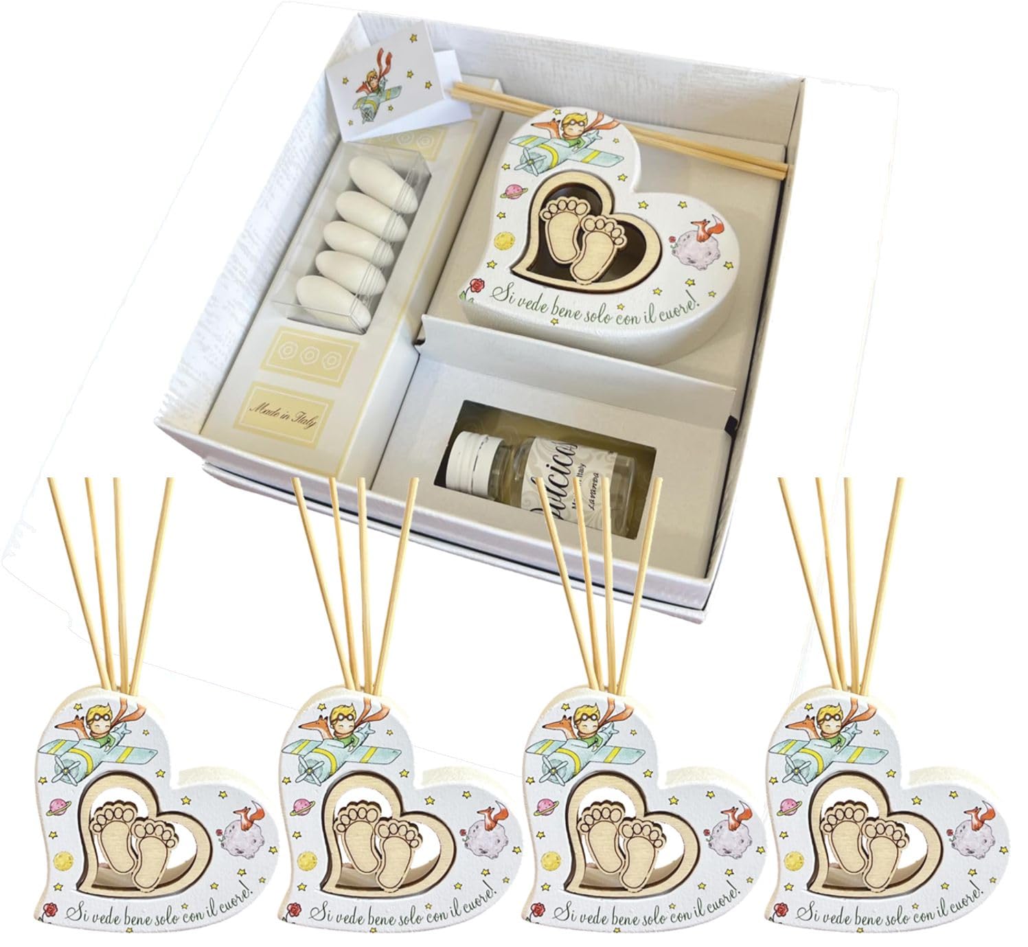 Rebalami.Shop Set 4 Bomboniere diffusore Piccolo Principe cm 8x8 a Forma di Cuore in Marmoresina Completo di Scatola, Essenza, Nastro e bigliettino a Tema (4, Cuore)