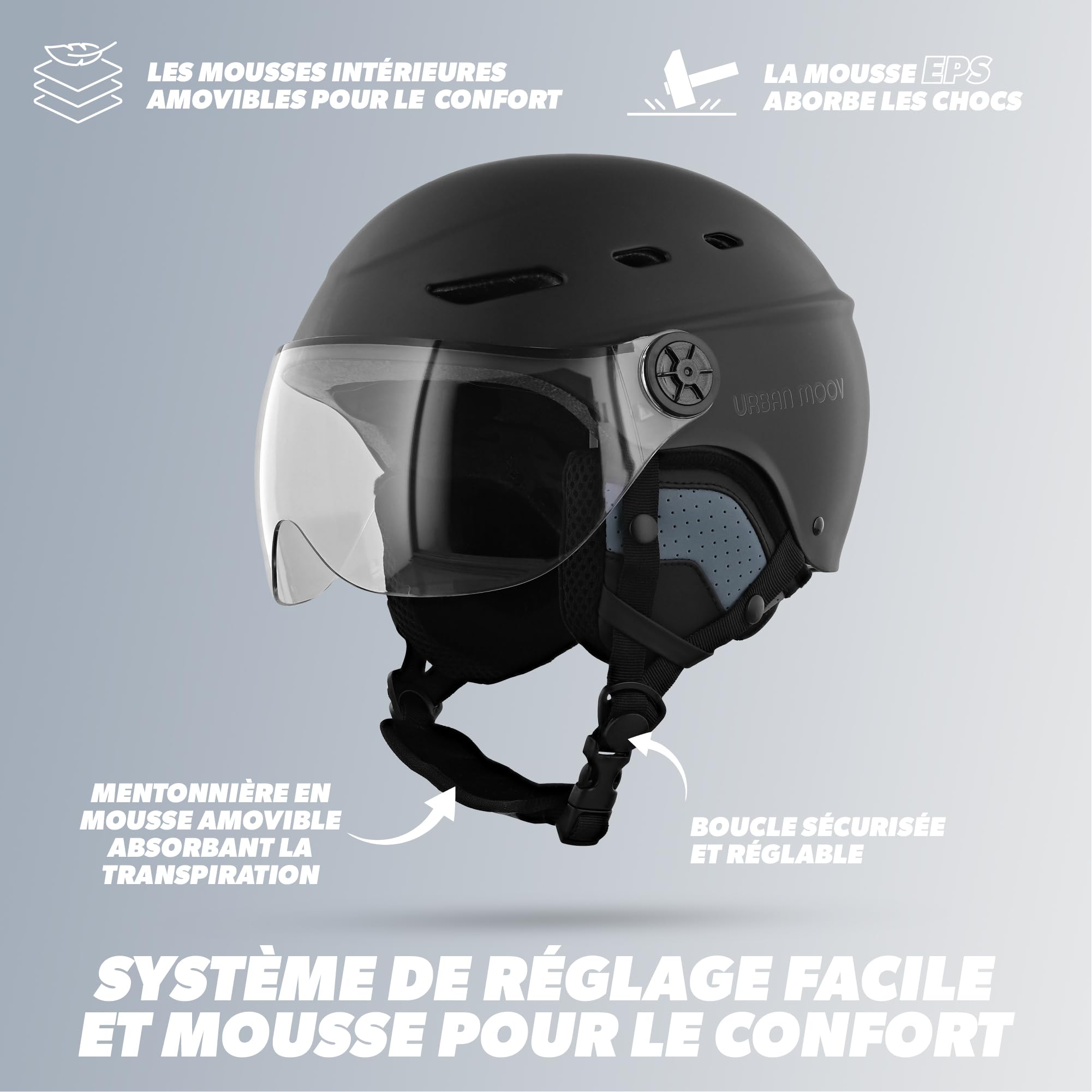 T'nB - Visor, Schutzhelm für Fahrrad und Elektroroller, mit transparentem Visier, Belüftungen, Einstellrad, abnehmbare Ohrenschützer, Größe M (Kopfumfang 54-58 cm), Schwarz