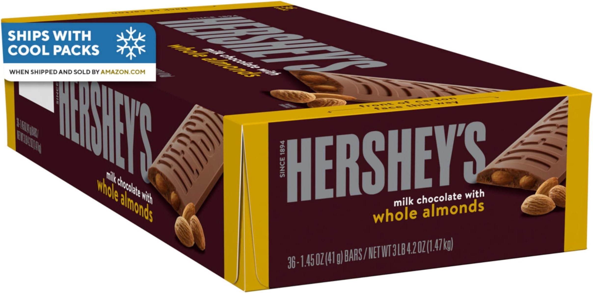 HERSHEY'S Milk Chocolate with Whole Almonds Candy Bars, 1.45 oz (36 Count)