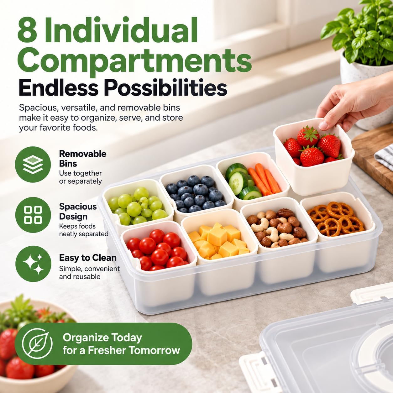 2 Pack Snackle Box Container with Lid & Handle, Microwave & Dishwasher Safe, 8 Compartment Snack Tray Organizer for Travel, Kids, Adults, Parties & Road Trips