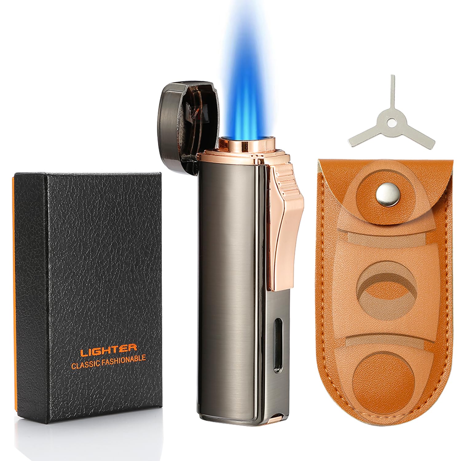 420 Carbon Steel Tool Torch Lighter Set Triple Jet Flame Butane Lighter Refillable Windproof Gas Lighter Grey Sold