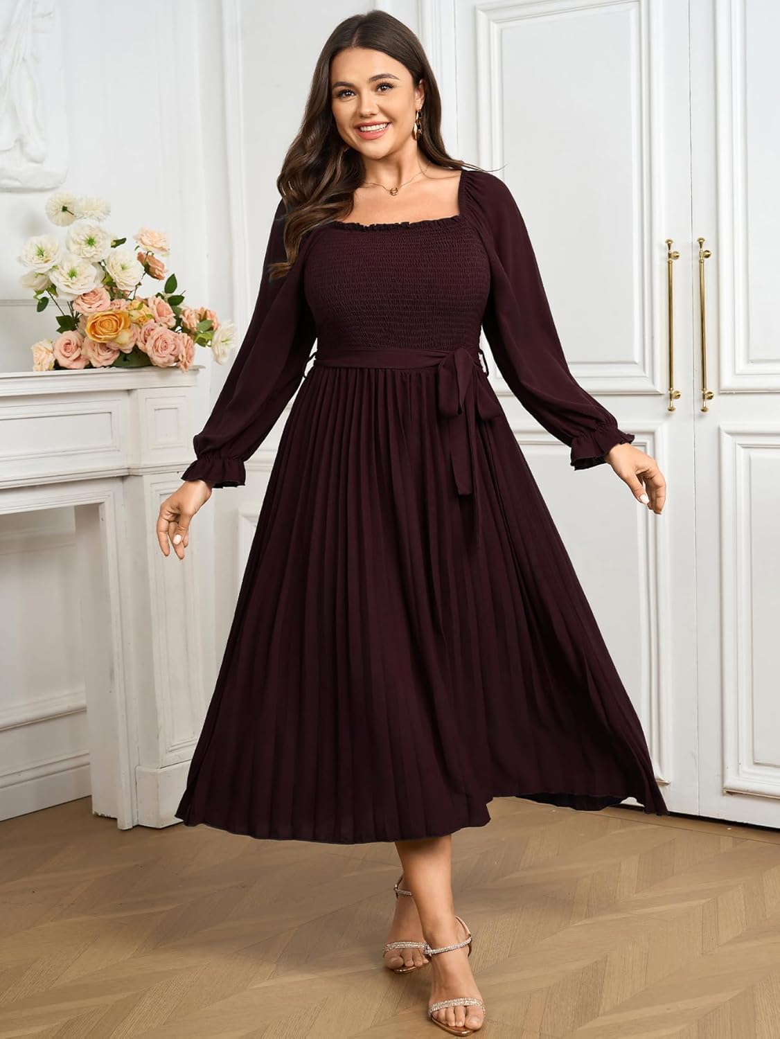 Women's Plus Size Dress Long Sleeve Smocked Square Neck Ruffle Pleated Flowy Wedding Guest Maxi Fall Dress - Image 4