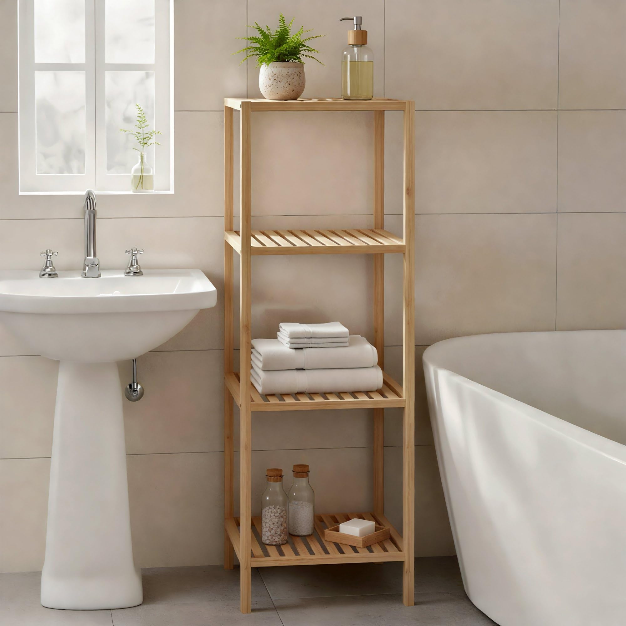 CLP Mensola bagno in bambù Zinnien, scaffale stretto, stabile e resistente, portata 10 kg per ripiano, Dimensione:M